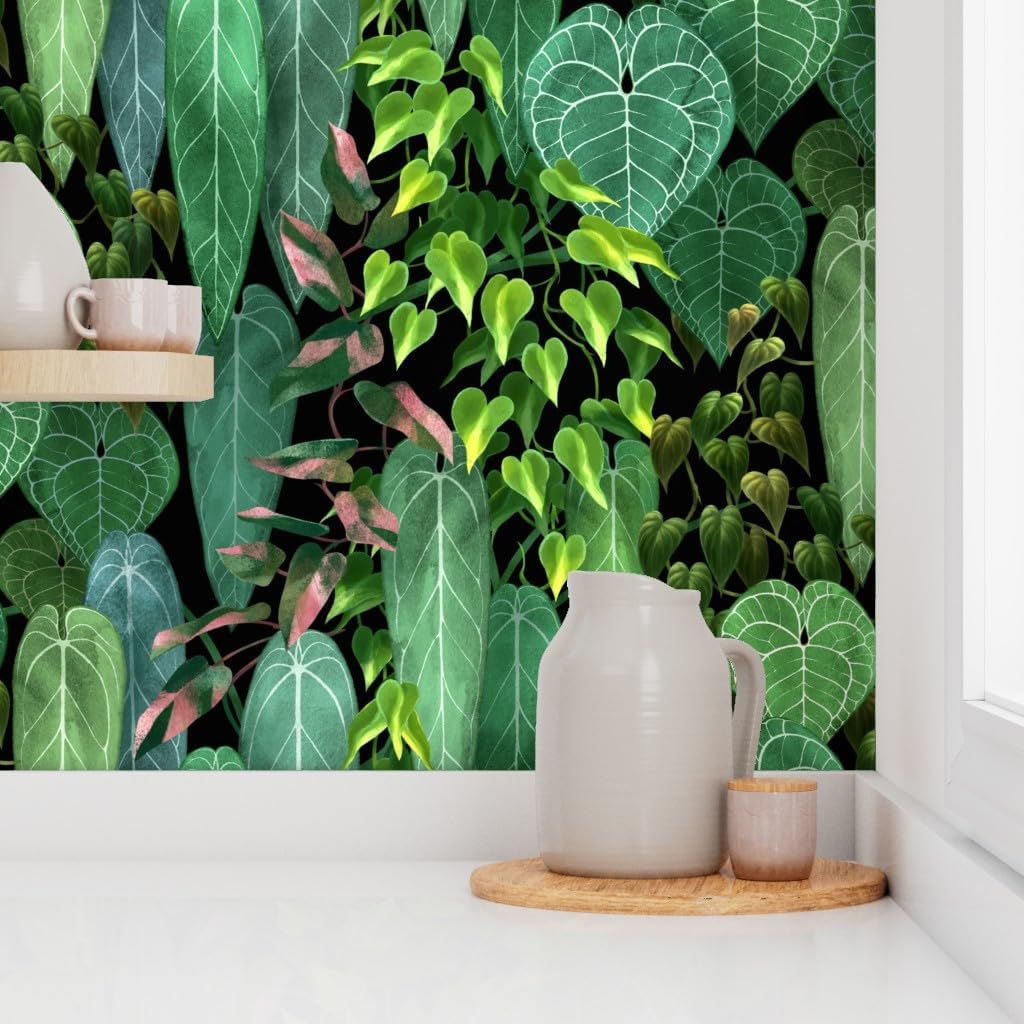 Peel & Stick Wallpaper 3ft x 2ft - Tropical Plants Jungle Vines Rainforest Green Leaves Custom Removable Wallpaper by Spoonflower