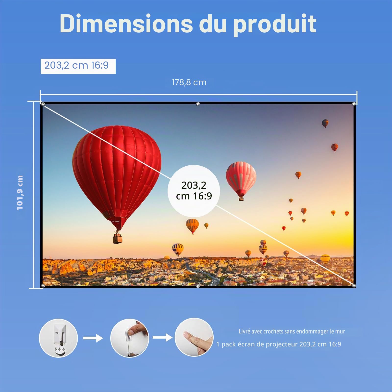Docooler Écran de projection HD portable de 80 pouces 16:9 pliable et robuste pour films en plein air, home cinéma, bureau