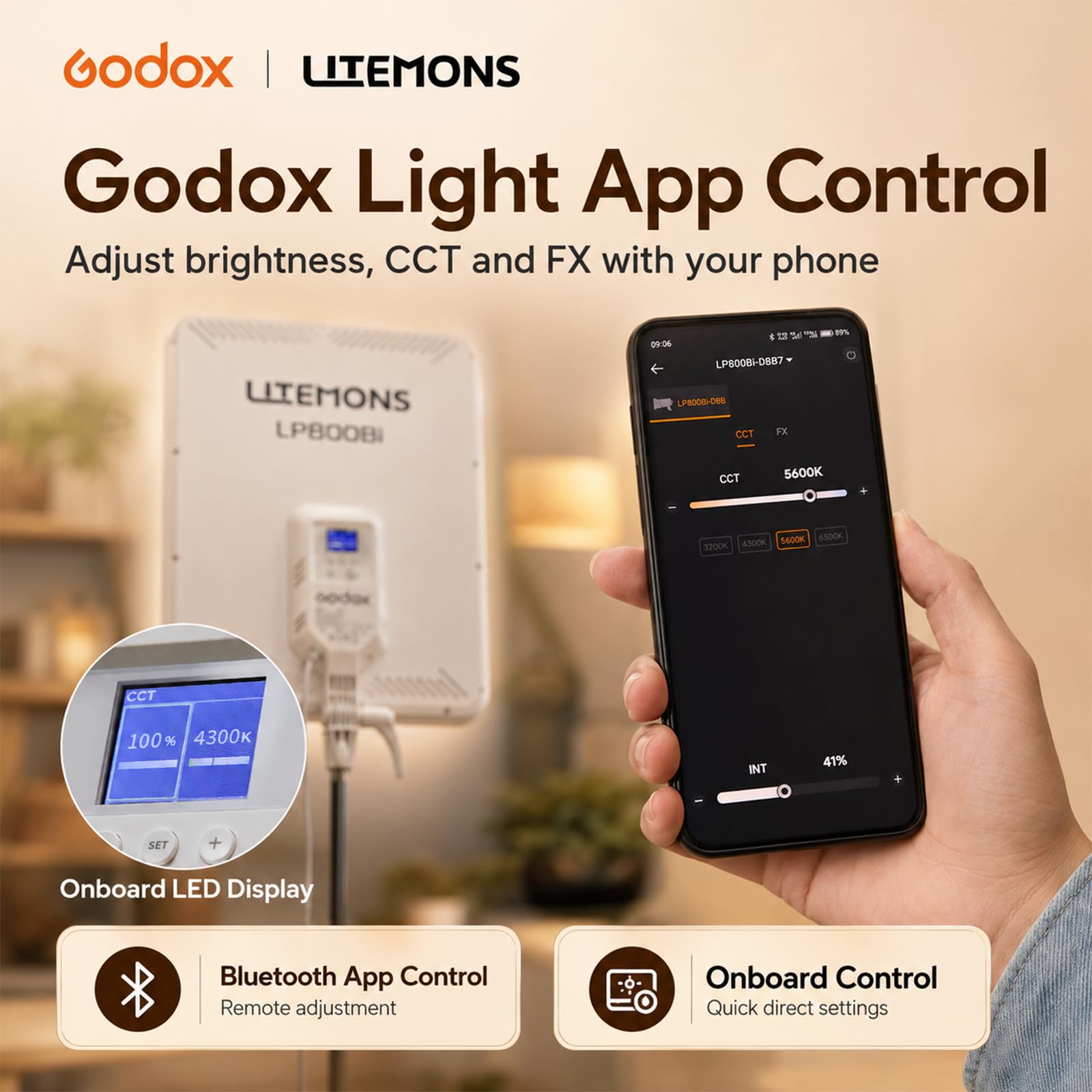 Godox LP800Bi Panneau LED 85W Bi-Color 2800-6500K CRI96 Studio Vidéo