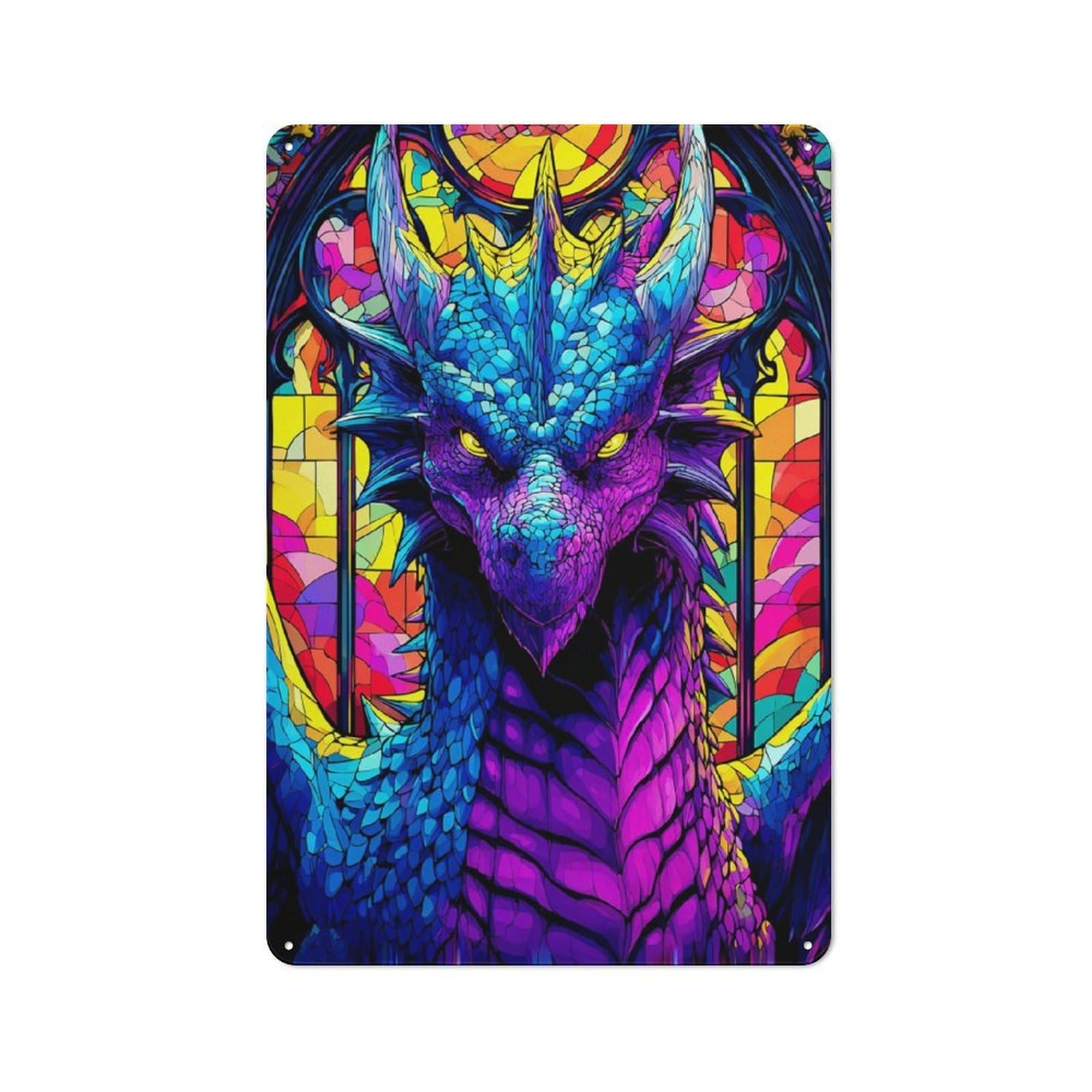 Junmoney Stained Glass Dragon Portrait Tin Wall Plaque 30X20cm With For Home Bar Wall, For Hosts Who Enjoy Retro Interiors