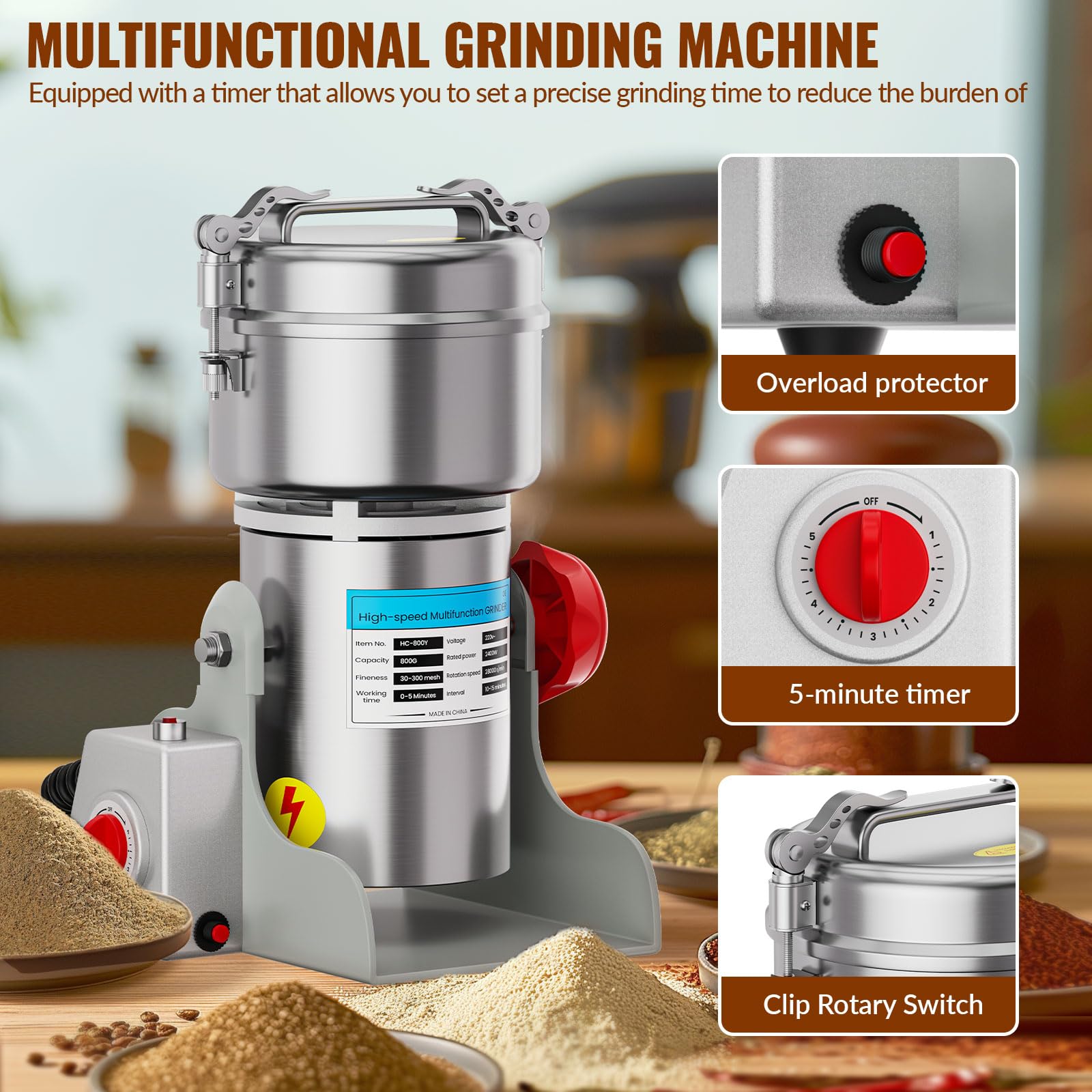 Moulin à Grains Électrique 800g, Broyeur à Grains 2400 W à Haute Vitesse, Machine à Poudre Commerciale avec Protection Contre les Surcharges Pour Céréales Sèches, Riz, Grains de Maïs