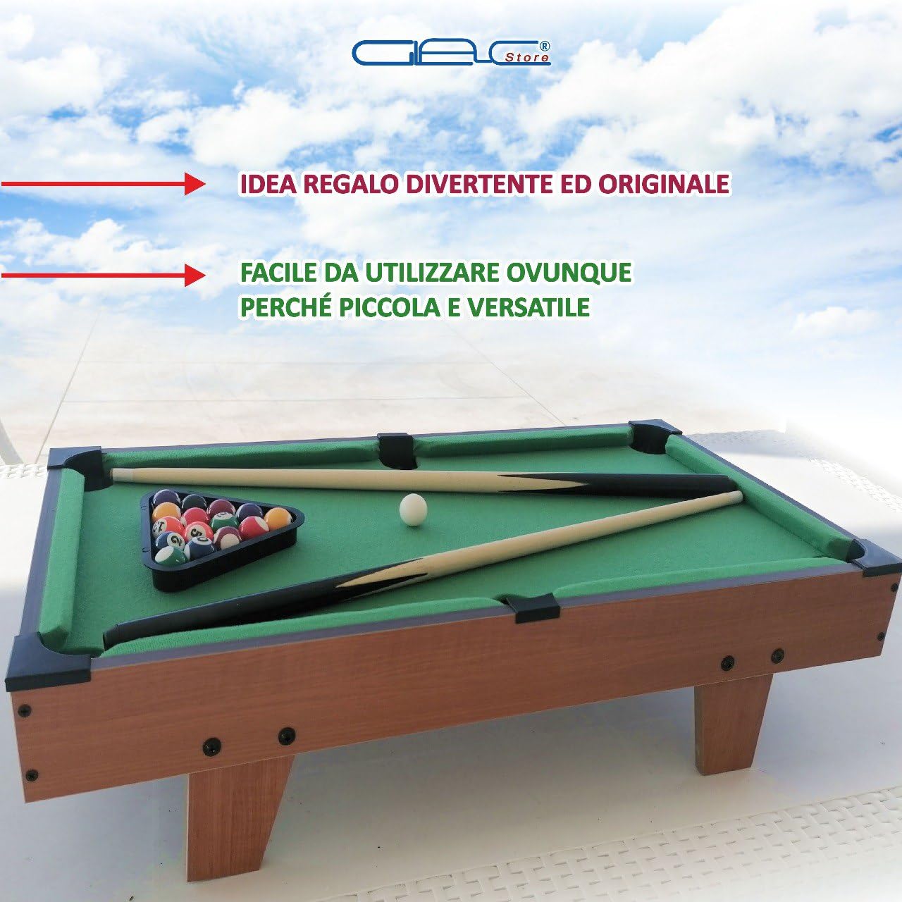 Mini tavolo da biliardo mobile - Copertura in feltro verde - 2 stecche 16 palle triangolo e gesso - Colore legno chiaro - Ideale per bambini e adulti 69x36x17 cm