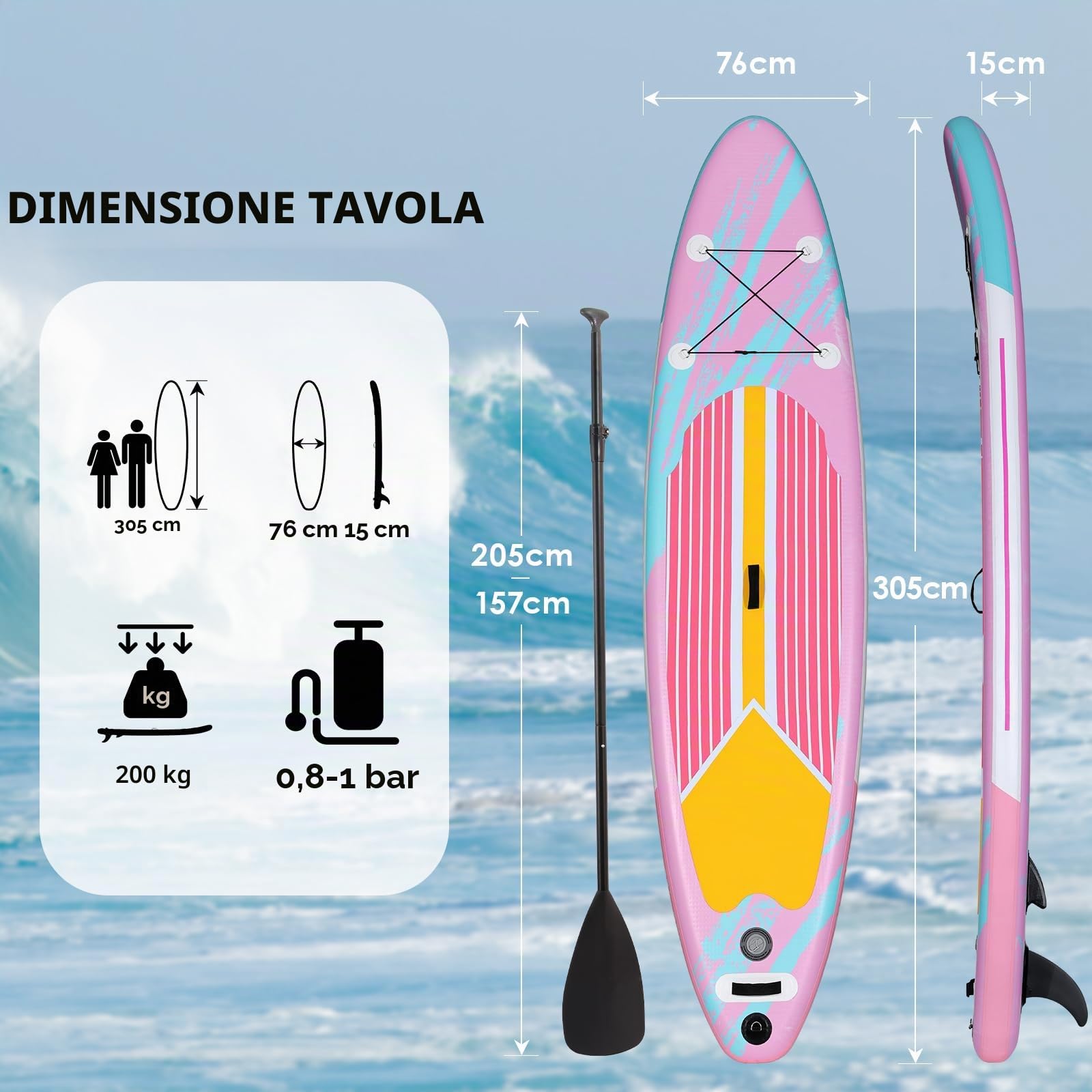 Tavola Sup Gonfiabile Adulti, 305 x 76 x 15 cm - Stand Up Paddle Board Gonfiabile con Grande Stabilità per Tutti I livelli Di Abilità, Per Yoga Touring Pesca, 200 kg
