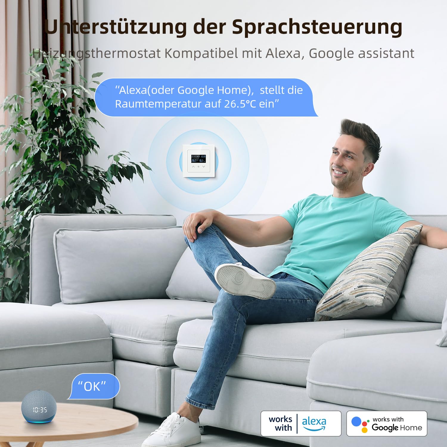 AVATTO 55x55mm Smart WiFi Thermostat für Wasser-Fußbodenheizung programmierbarer Raumthermostat kompatibel mit Alexa & Google Home, Fernbedienung über AVATTO-App oder Smart-Life-App