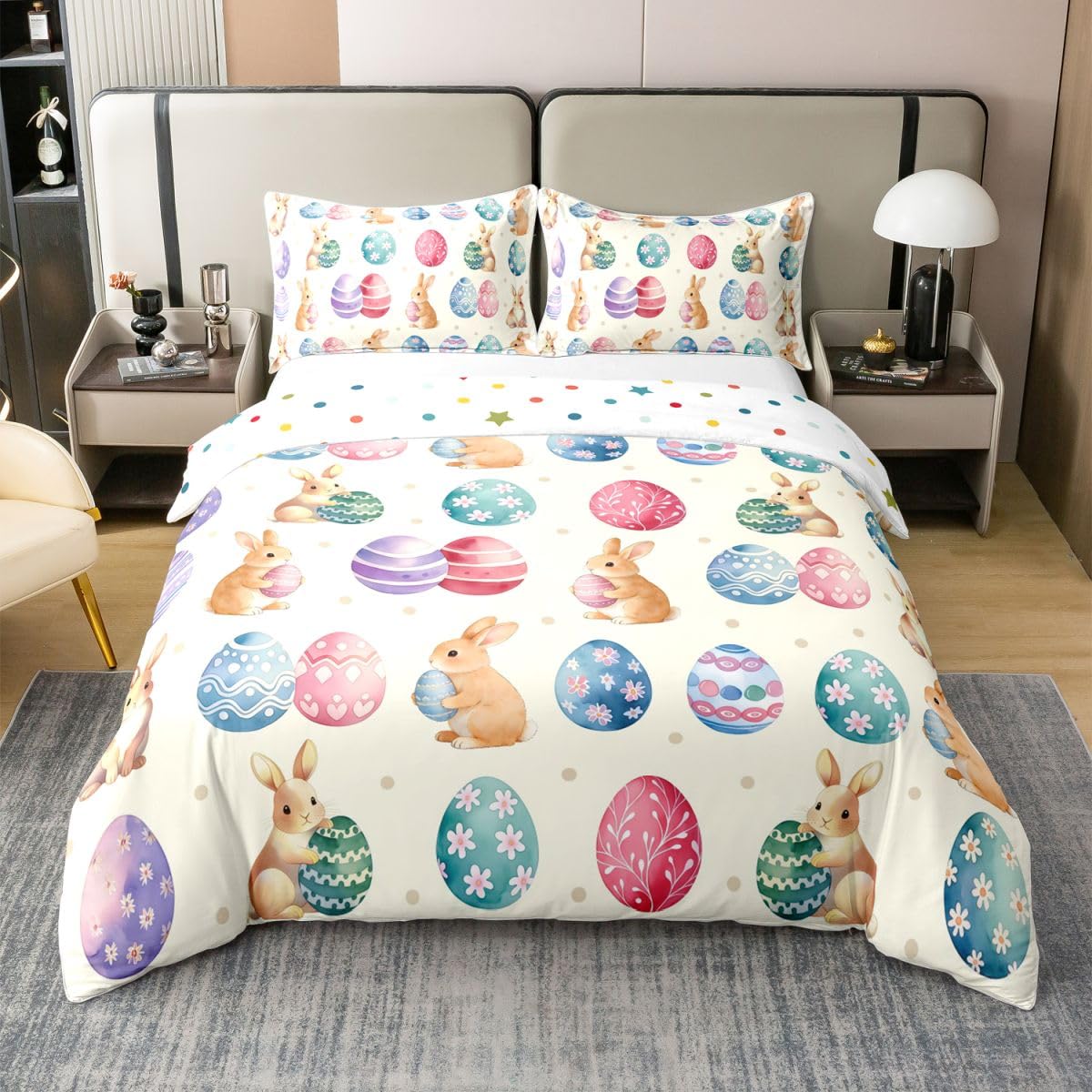 Manfei Happy Easter - Juego de funda de edredón 100 % algodón, tamaño Super King, juego de ropa de cama de 3 piezas con estampado de huevos coloridos, decoración de habitación de niños y niñas, 2