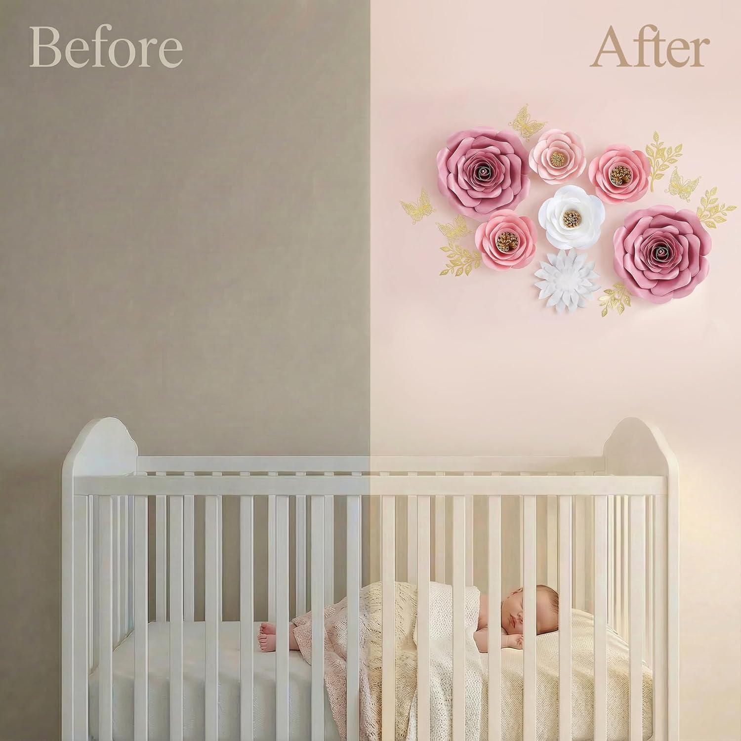 Large Paper Flowers Wall Decor for Baby Girl Nursery (Pre-Assembled) - 300gsm Pearlized Cardstock 3D Roses with Gold Butterflies - Renter-Friendly Nano Tape & Reusable Backdrop (Pink, Set of 6)