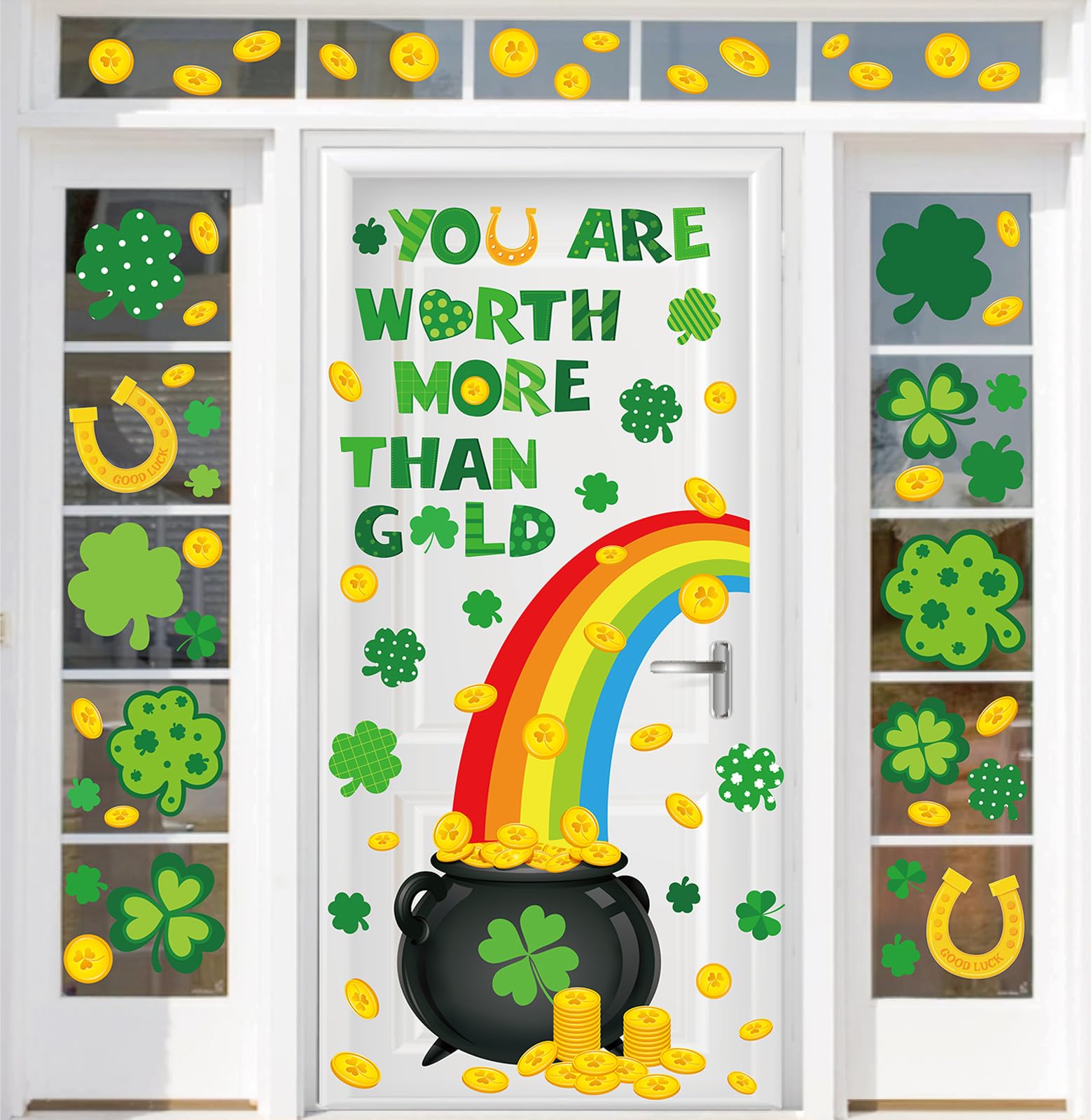 Décoration fenêtre Saint-Patrick autocollant géant trèfle doré amovible