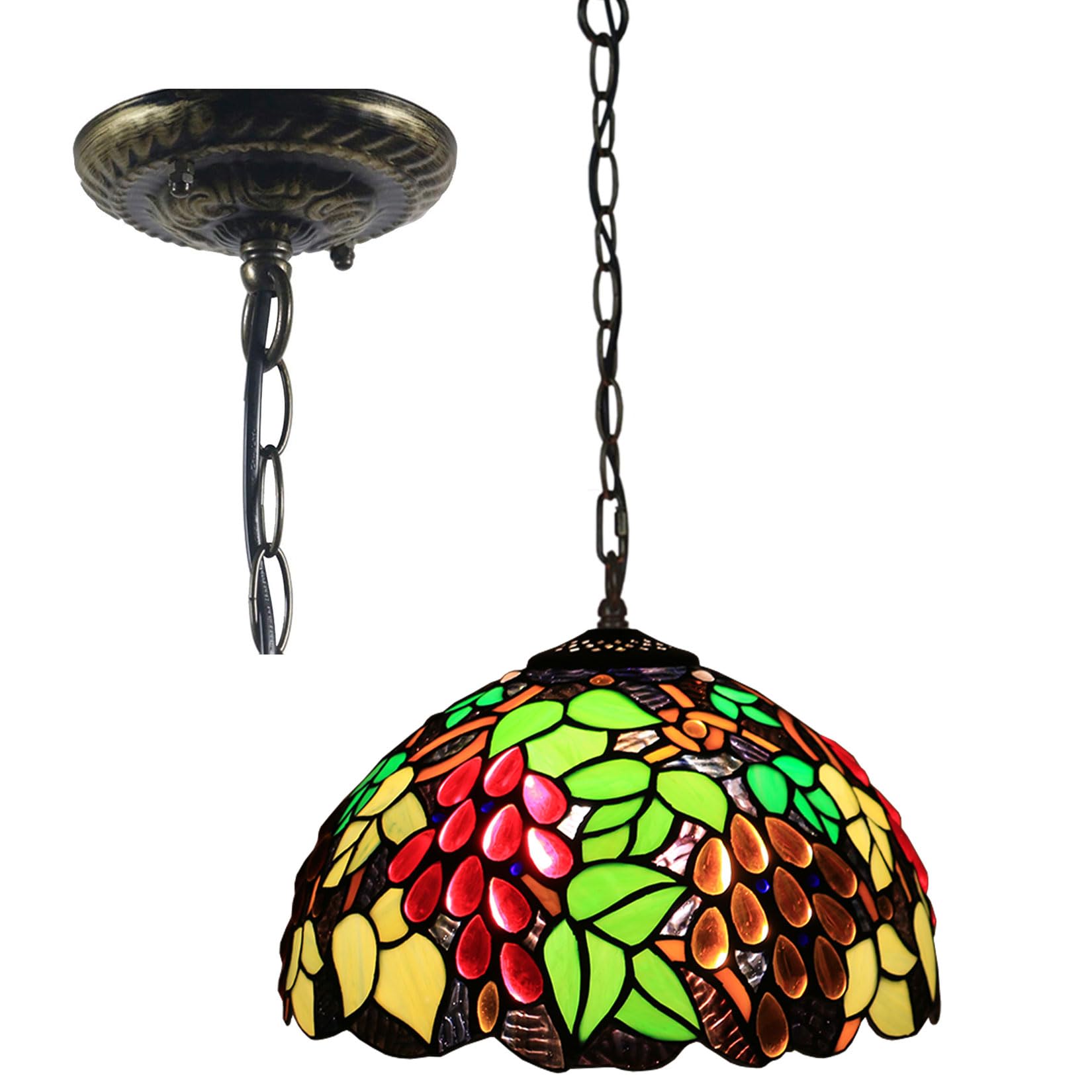 Wdcdyqdh Light/Pink/Blue Tiffany Pendant Fixture Grape Style Stained Glass Lamp Shades Hanging Vintage Red Flower Green Leaf Beads Home Decor Chandelier Wide 12 Inch Height 39 N