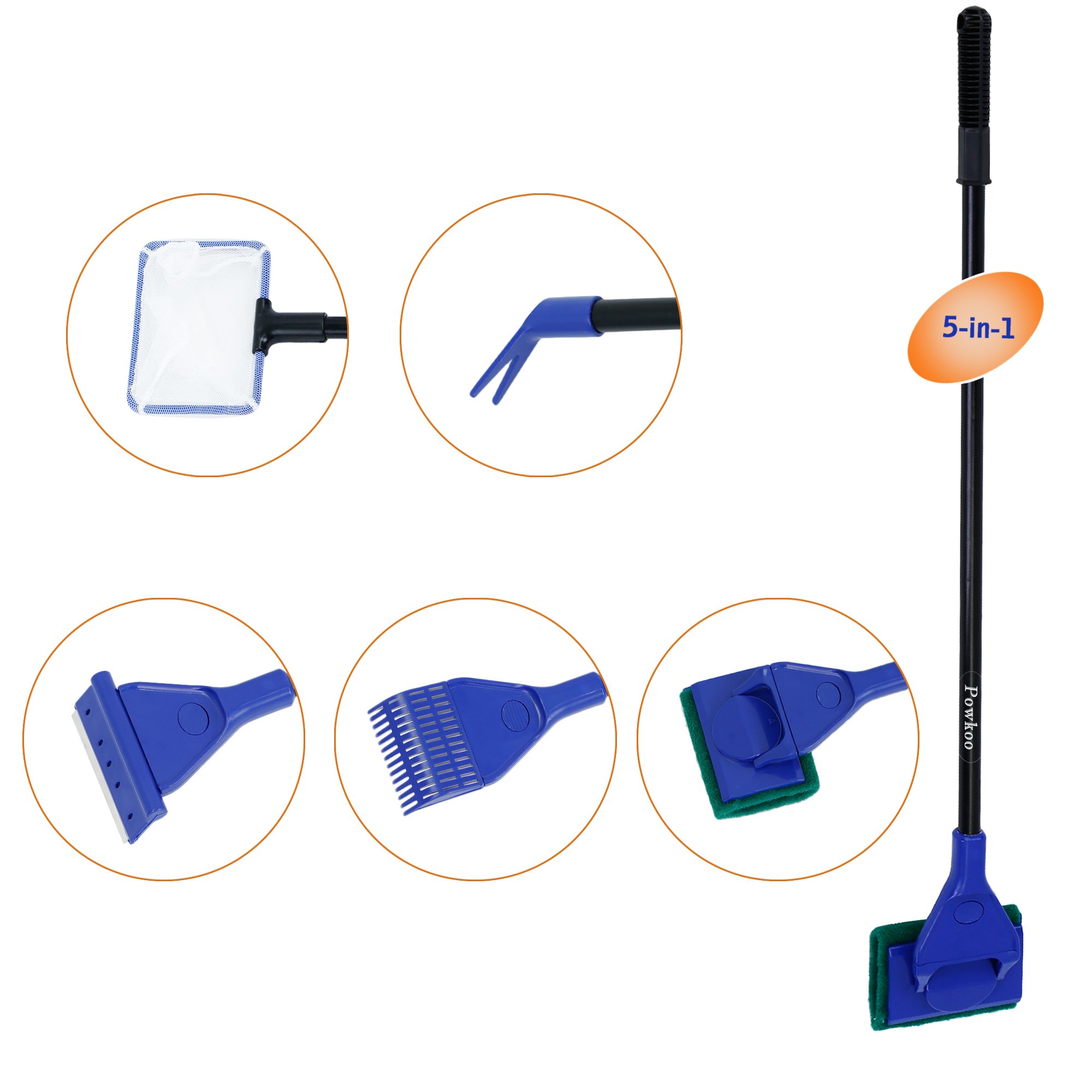 Powkoo5 in 1 Aquarium Fish Tank Cleaning Multi-Tool Fish Net + Rake + Scraper + Fork + Sponge