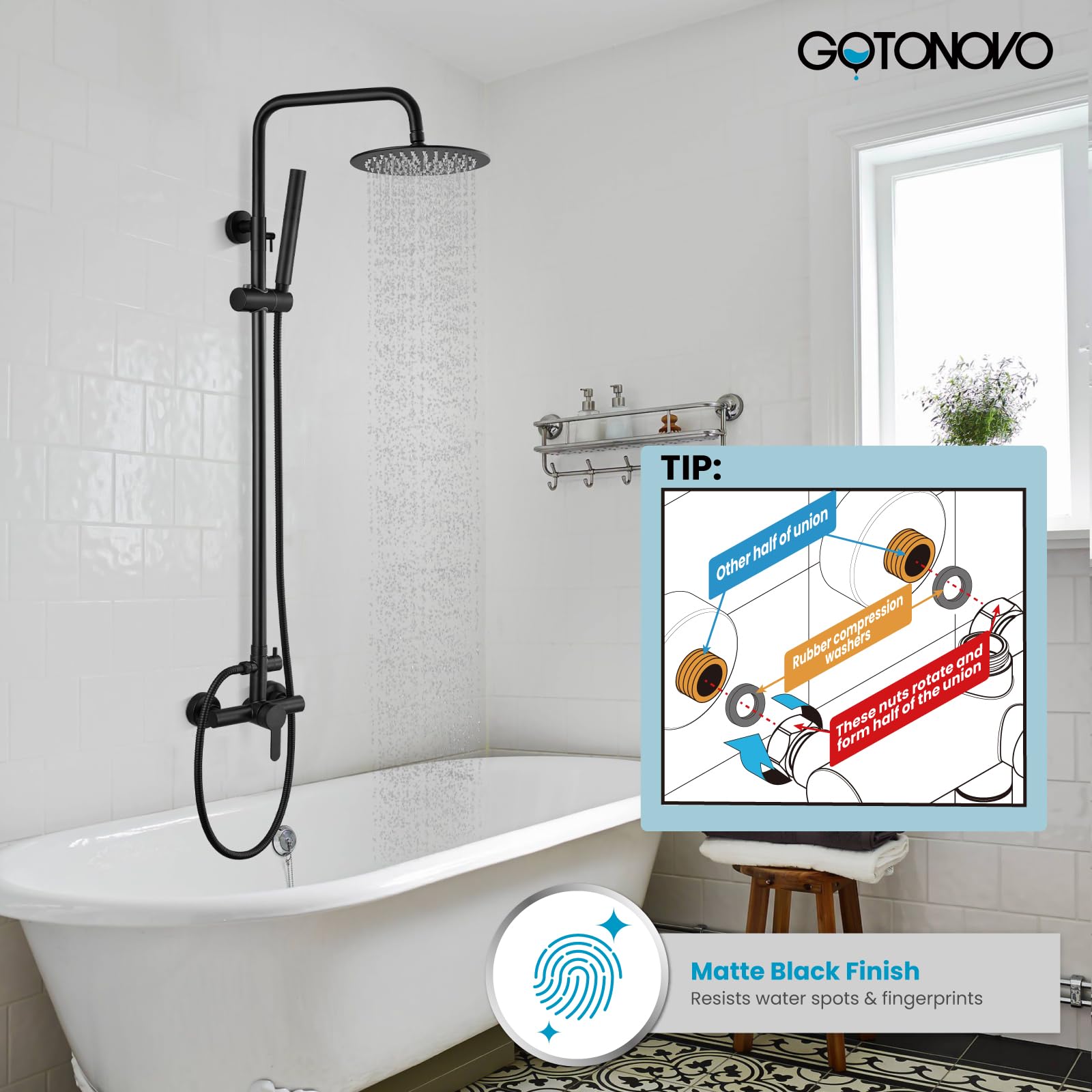 gotonovo Grifo de ducha al aire libre Sets Matte Black 304 Cabezal de ducha de acero inoxidable con 2 en 1 cilindro de mano Spray 2 función ducha expuesta conjunto conjunto montaje en pared sola