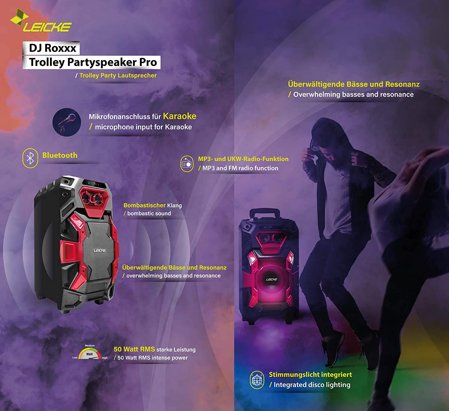 LEICKE Tragbar Karaoke Lautsprecher Bluetooth, PA DJ Anlage Kabellos Party Musikanlage Musik System Box, Soundsystem mit Licht USB, Aux In, UKW Radio, Gitarren Mikrofon Anschluss und Trolley Griff