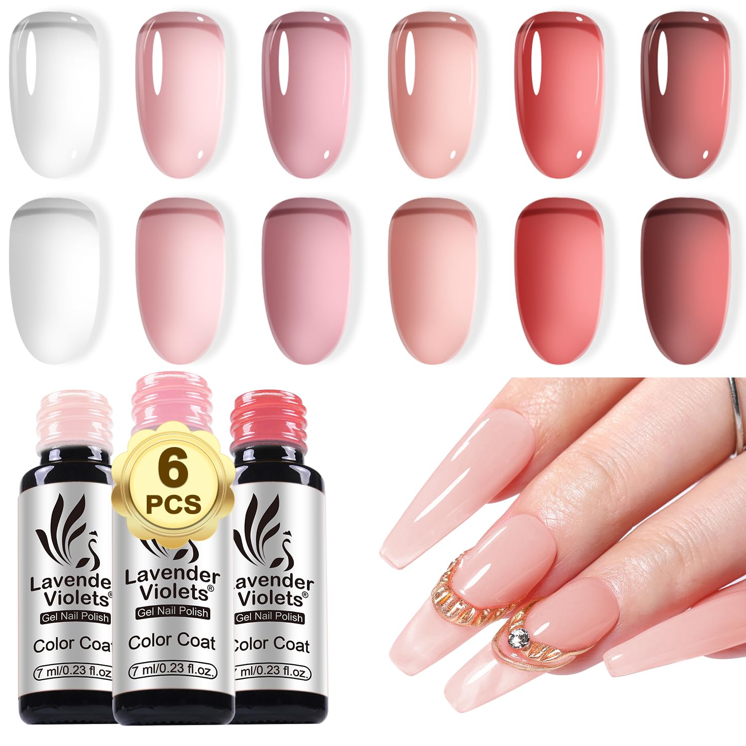 Lavender Violets Milky White Jelly Nude Gel Nail Polish Set, 6 Transparent Colors Sheer Pink Red Soak Off UV Light Cure Gel Polish Kit for Salon and