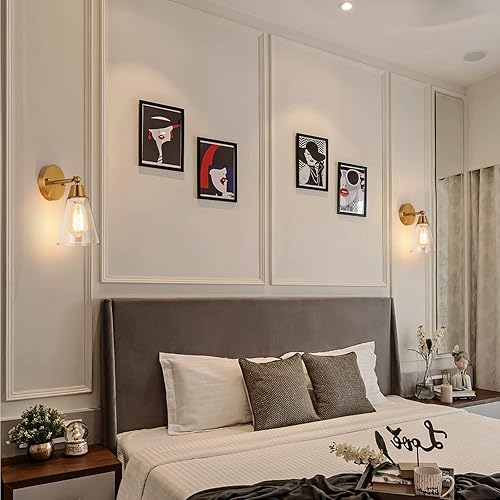 Miniatura 2 de MWZ Juego de 2 apliques de pared dorados, modernos apliques de latón cepillado con pantalla de vidrio transparente, accesorios de iluminación de