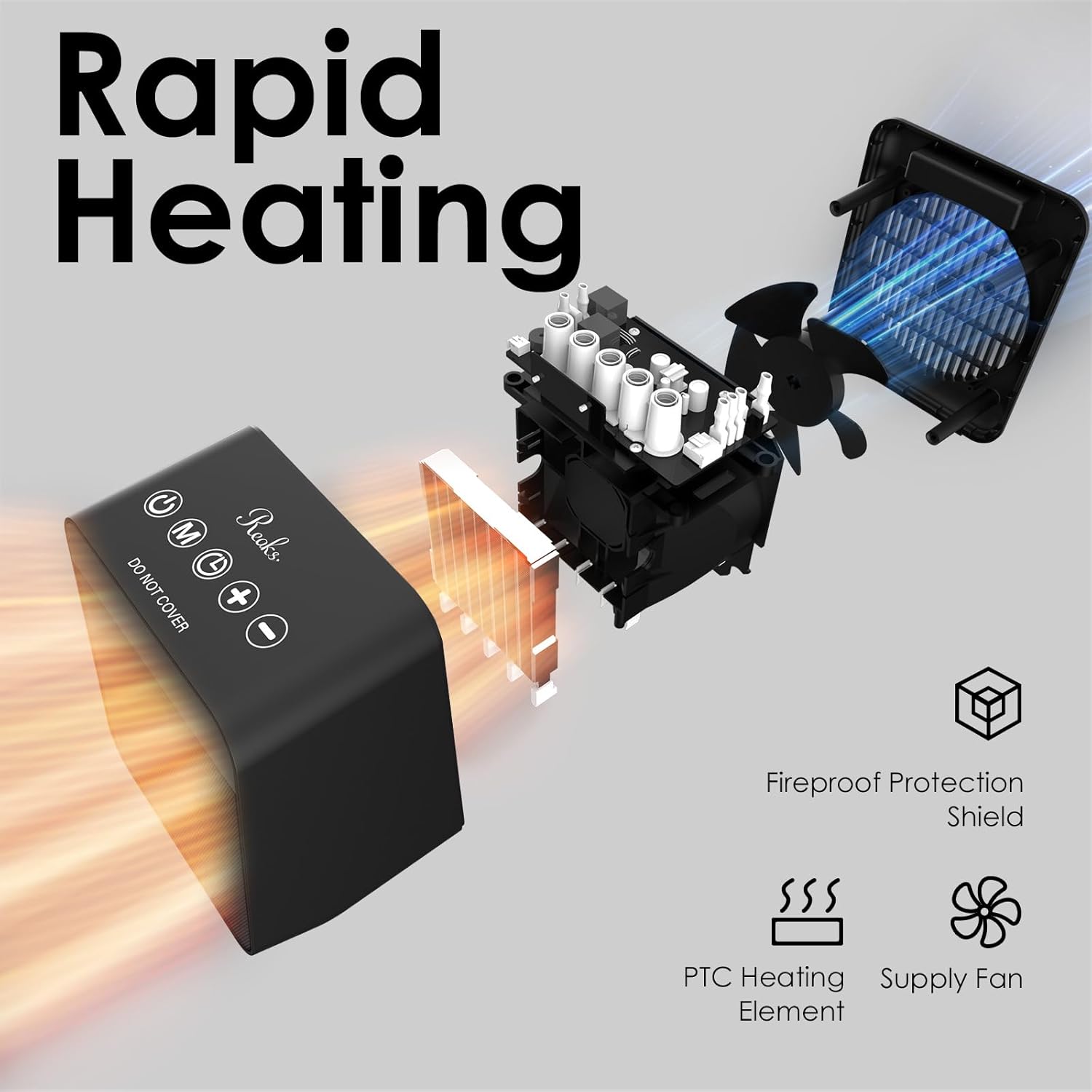 Exploded view of the Reaks space heater showing internal components like the fireproof protection shield, PTC heating element, and supply fan.