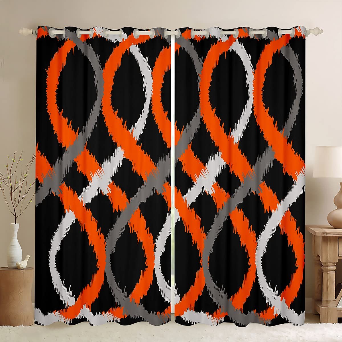 Homemissing Orange Grey and Black Window Curtains Two-Tone Waves Geometric Blackout Curtains Retro Stripe Line Art Darkening Dreapes Modern Abstract Art Window Treatments W46*L54 — image 1