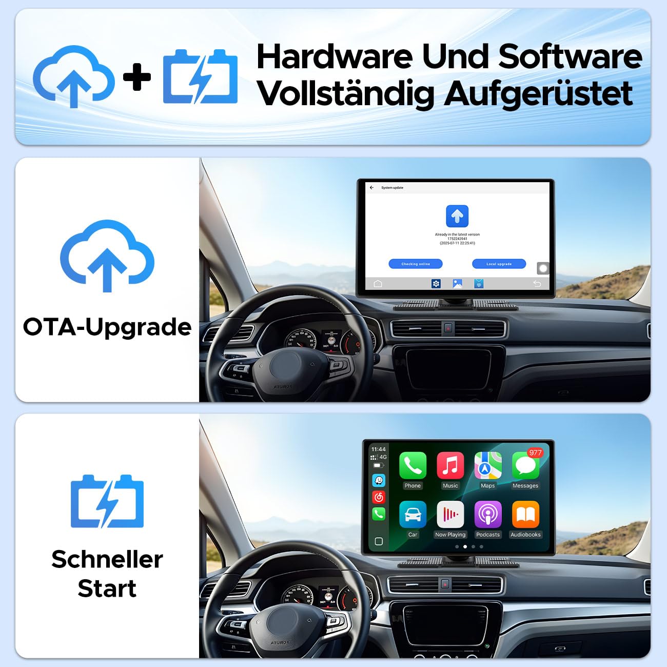 LAMTTO Wireless Carplay Display mit Net-Flix YouTube Tiktok 9 Zoll In-Cell Touchscreen CarPlay-Bildschirm und Android Auto mit Rückfahrkamera/Navigation/OTA/Sprachassistent/Bluetooth/AUX/FM