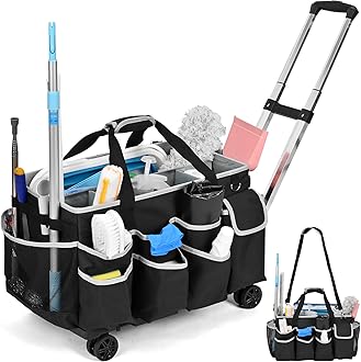 yookee home Rolling Cleaning Bag with Detachable Trolley, Portable Cleaning Cart on Wheels for Cleaning Supplies, Professional Cleaning Caddy with Shoulder Strap for Housekeepers, Grey