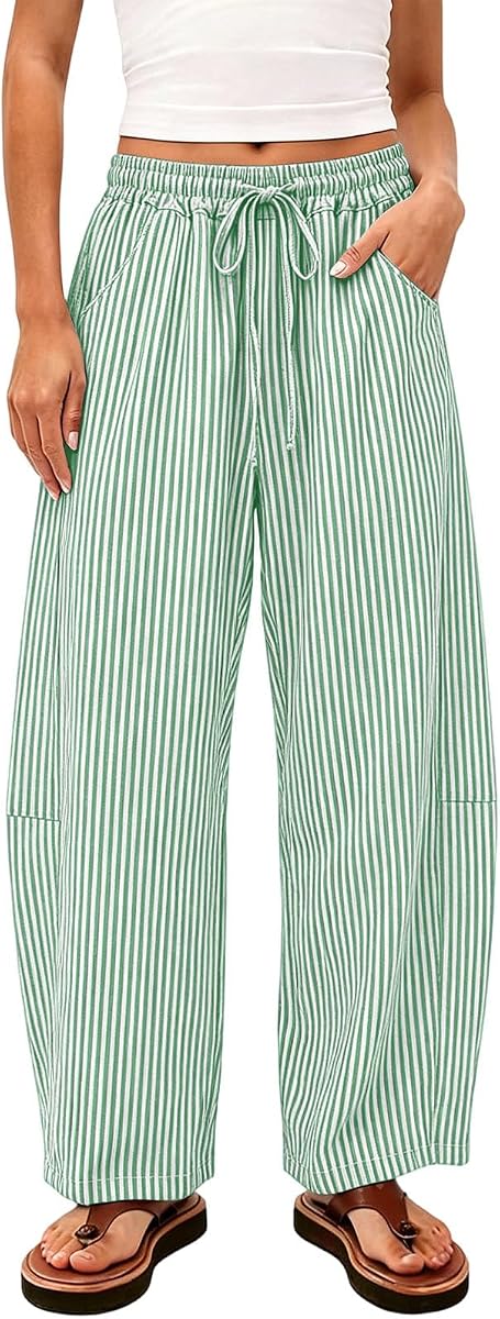 Women's Wide Leg Pants Baggy Striped Pants Dressy Casual Drawstring Waist Trousers Casual Trendy Lounge Pants