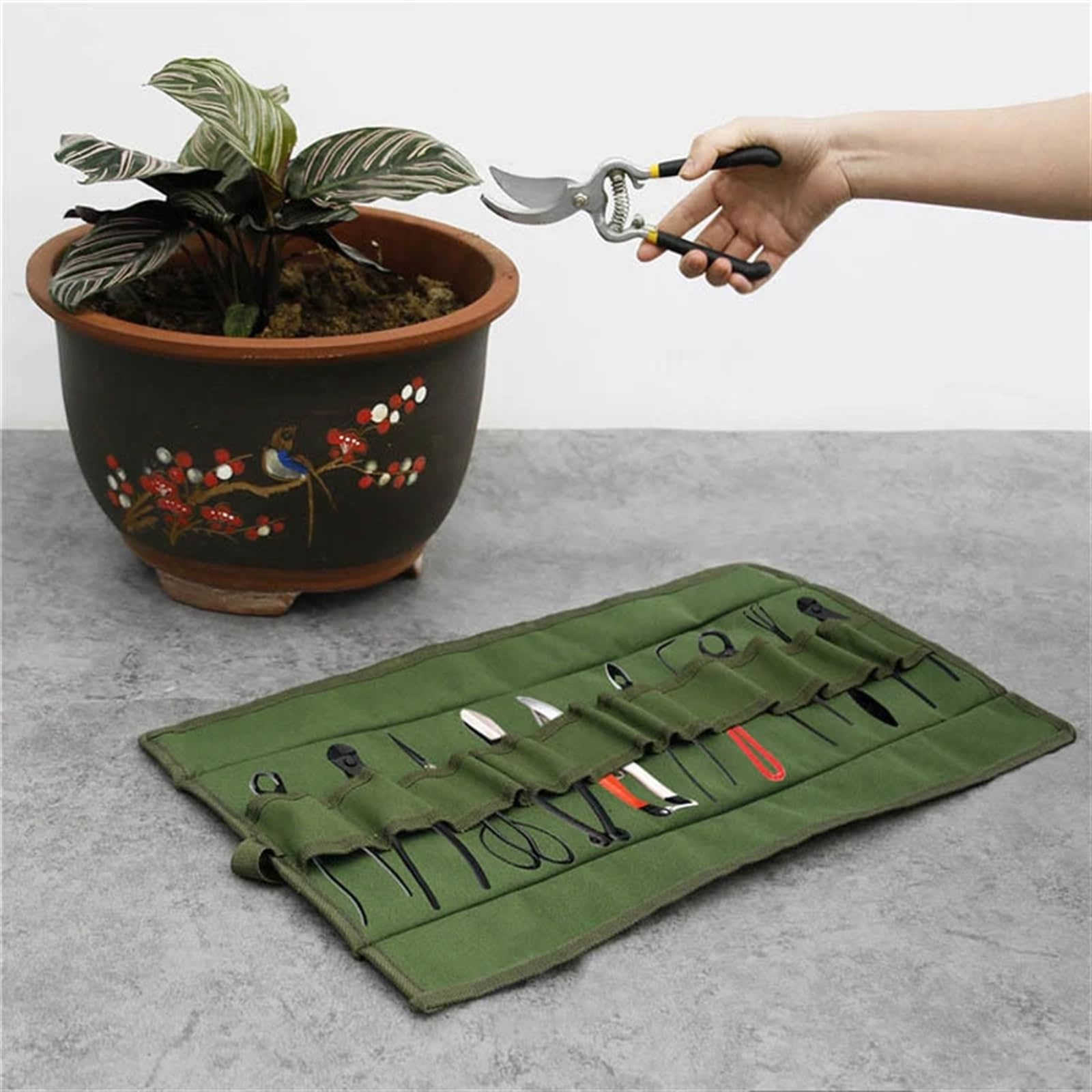 Bolsa enrollable para herramientas de jardín Bonsai, alicates lona(Gray)