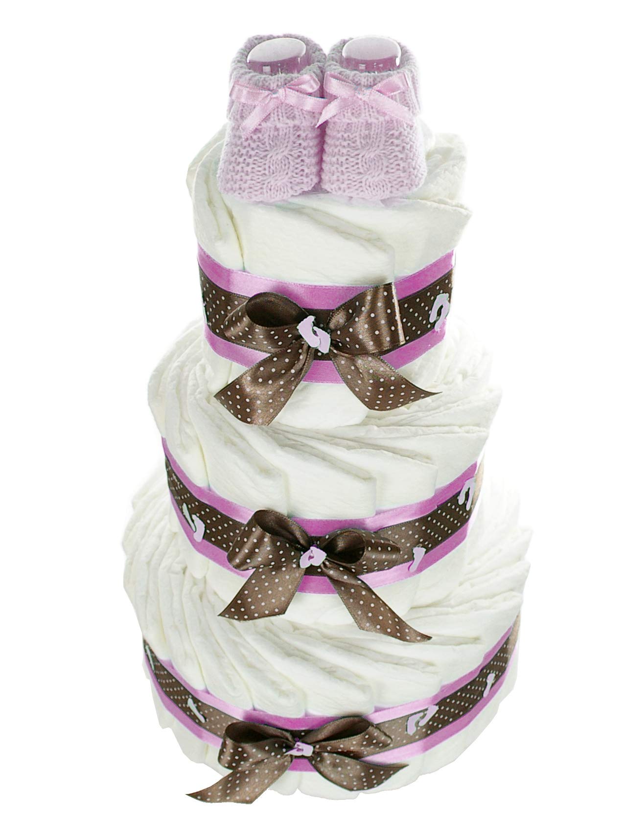 XXL Windeltorte für Mädchen mit Babybooties rosa / 59-teilig / 3-stöckig