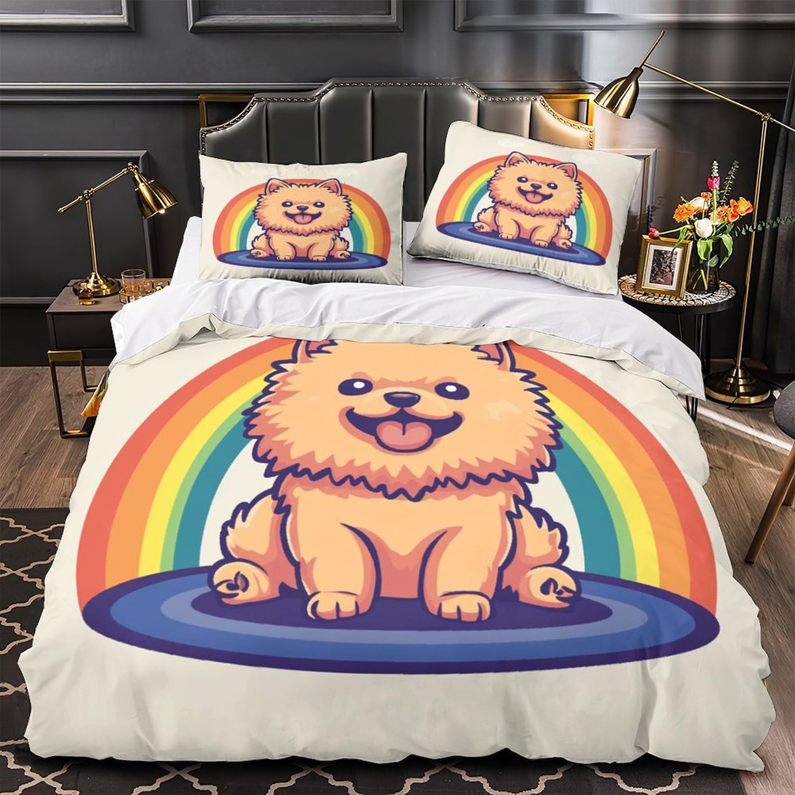 Chambre parentale joyeuse avec la parure de lit imprimé chien 3D arc-en-ciel