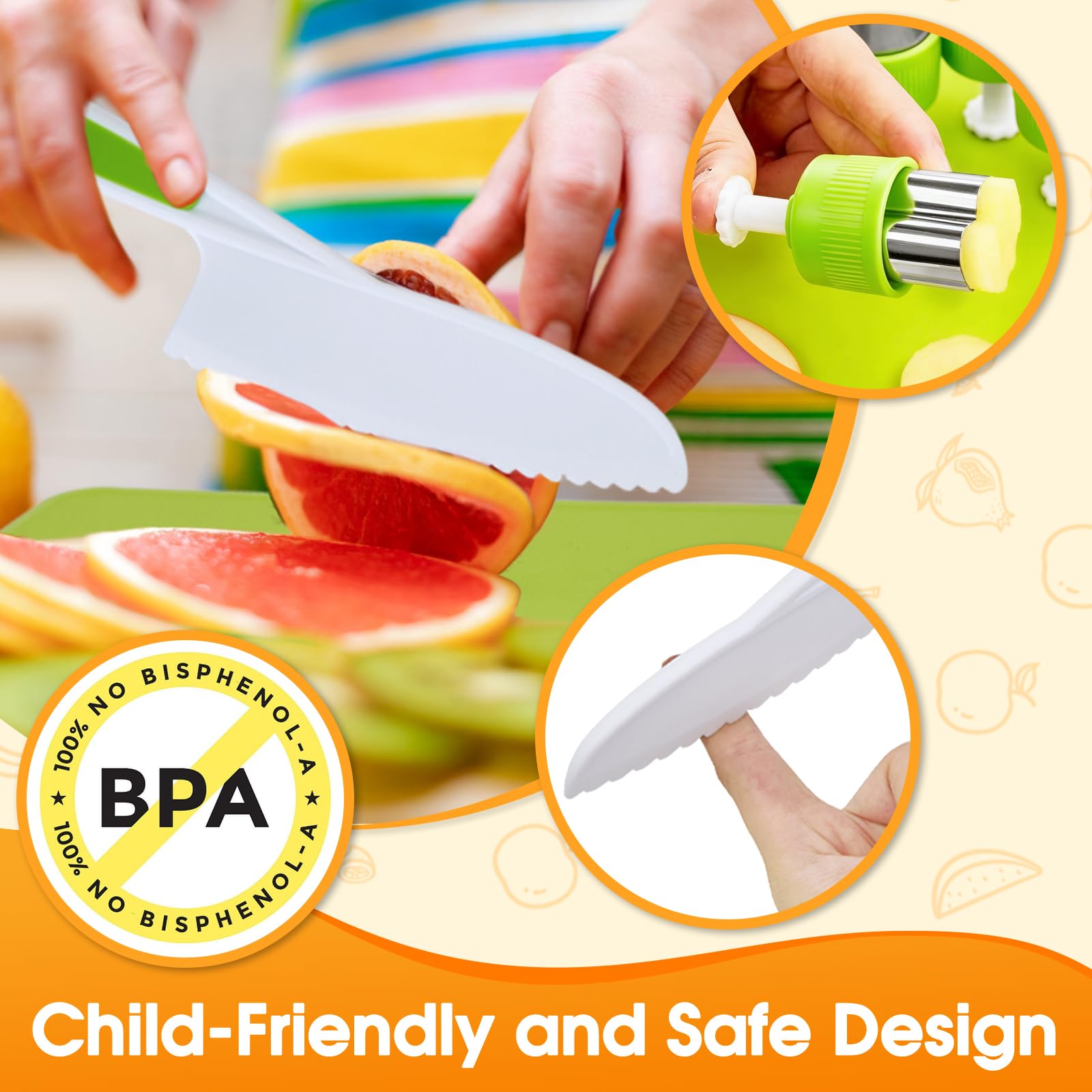 Cuchillo niños Aprendizaje, 23 Kit Cocina Montessori que no Cortadedos, Cuchillo para niños a Partir de los, Utensilios Cocina, Para Cortar Frutas Verduras o Masa (23 piezas)