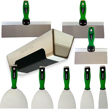Medusas Flexible Stainless Steel Drywall Taping Knife Set with 12" Mud Pan and Grip, Strong Flexible Putty Blades, 8 10 and 12" Coating Blades with Curved Handles Contoured to the Palm of Your Hand