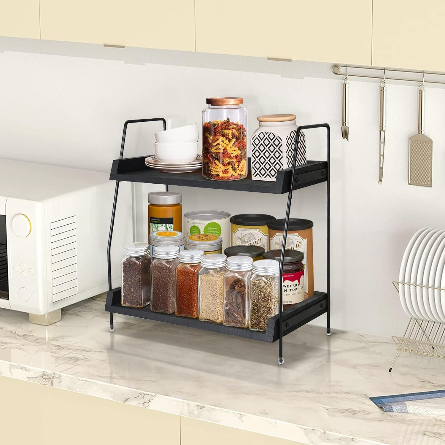 Yusepure Coffee Bar Accessories and Organizer Countertop, Coffee Station Organizer Kitchen Counter Shelf Organizer,Coffee Condiment Storage,Cup Lid Holder Countertop Shelf for Bathroom (Black)