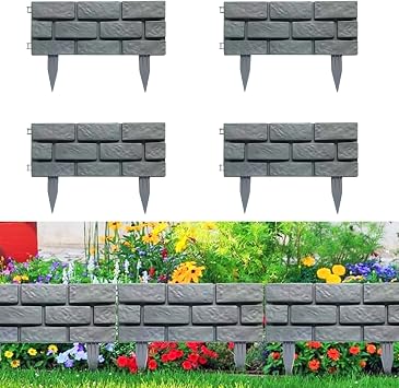 Brick Effect Garden Fence,Flower Bed Border Detachable Splicing Garden Fence,Simulation Bricks Fencing Panels Garden Edging Decoration,4 Pieces,Grey.