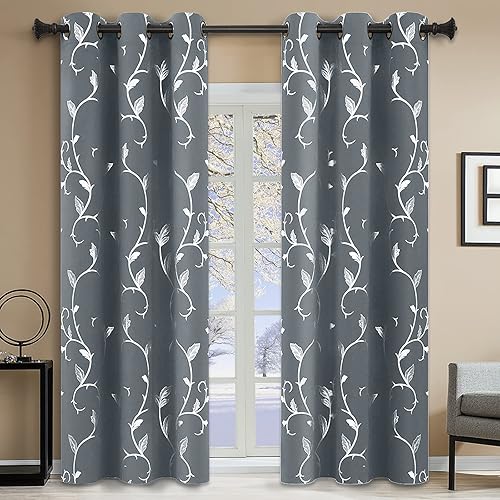 Miniatura 51 de BUHUA Cortinas opacas con estampado de flores, cortinas de ventana con aislamiento térmico, patrón de vid elegante en plata para habitación de bebé,