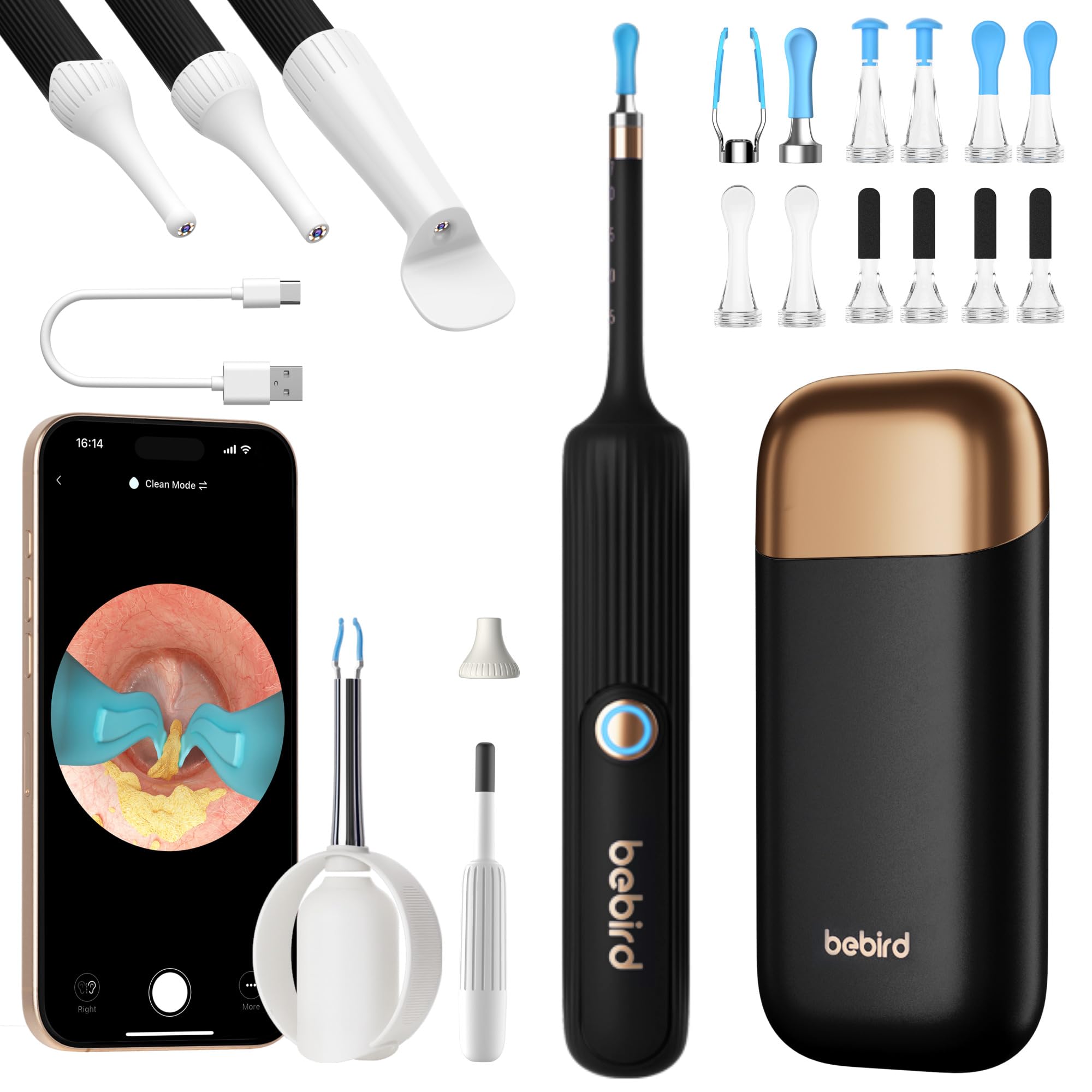 Otoscopio BEBIRD Pro para eliminar cerumen, limpiador de oídos flexible con cámara, cámara con pinzas y accesorios de otorrinolaringología para adultos y niños (negro)
