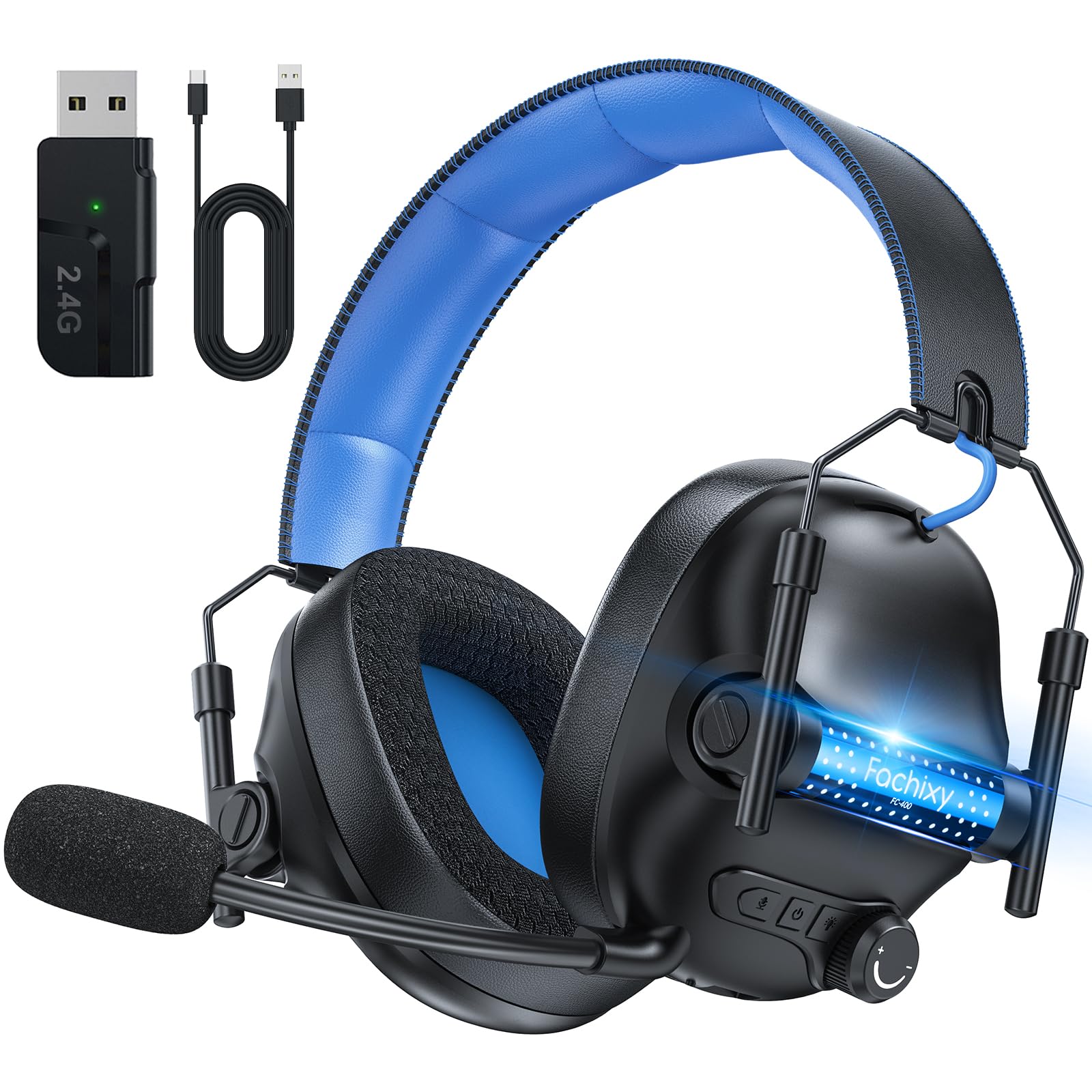 FC400 Wireless Gaming Headset, 2.4GHz Gaming Kopfhörer Kabellos mit Mikrofon für PS5, PS4, PC, Switch, Bluetooth 5.4 Gaming Headset, Geringe Latenz Noise Cancelling, mit LED Licht, 50H Akkulaufzeit