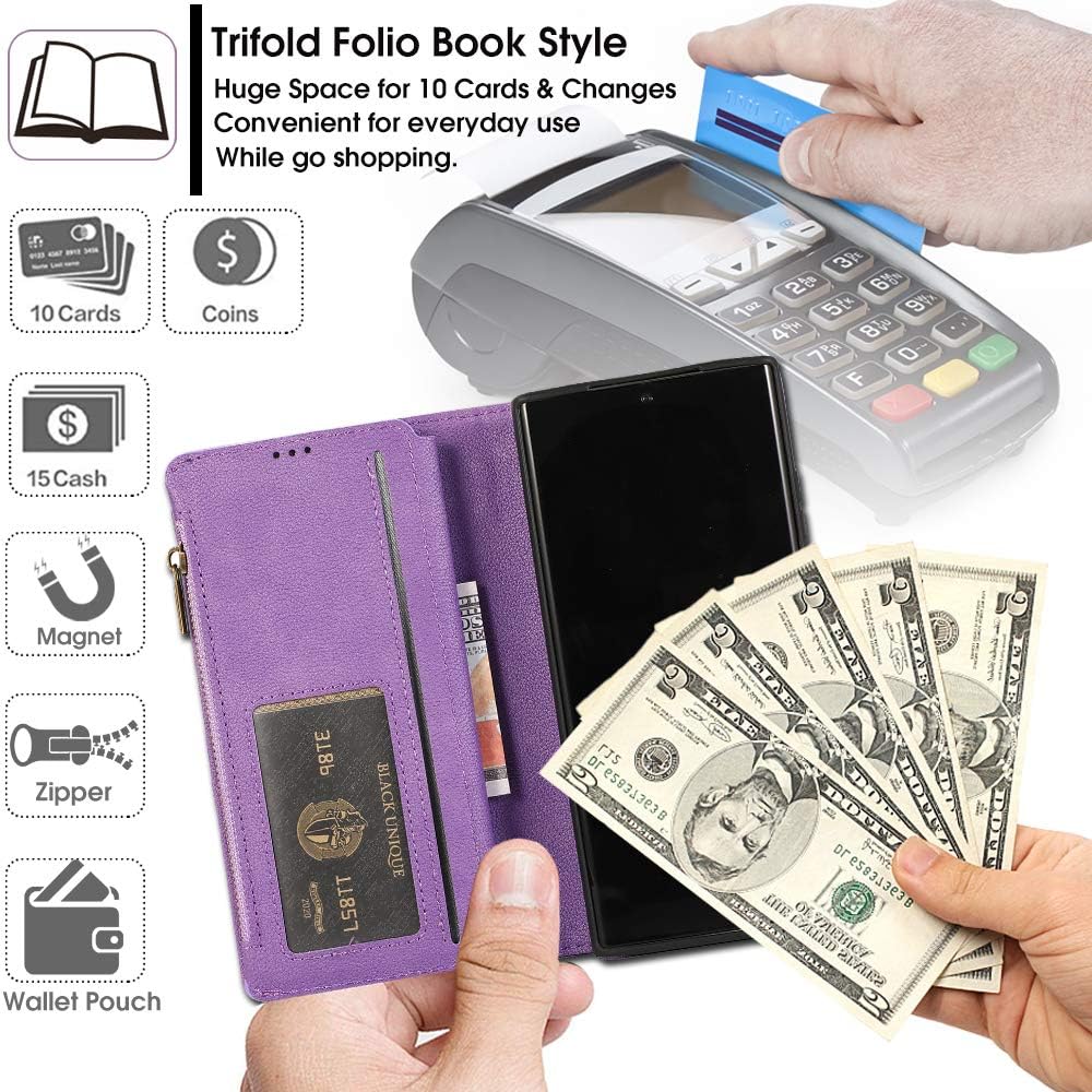 Galaxy Note 10 Zipper Wallet Case Women/Men,Auker 9 Card Holder Folding Stand Magnetic Wristlet Purse Clutch Full Protective Vintage Book Leather Hidden Pocket Wallet Case Bag for Samsung Note 10