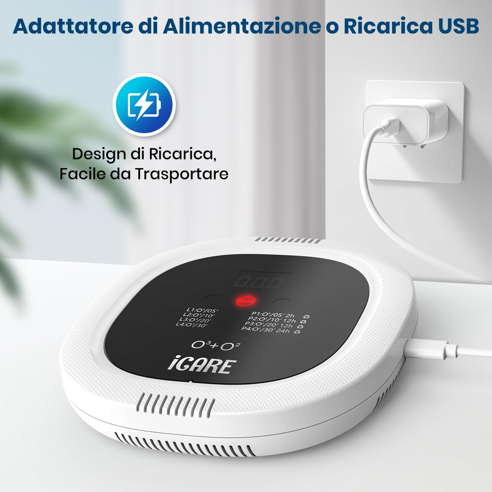 Generatore di Ozono Purificatore d'Aria, 10000 mAh Ricaricabile Mini Purificatore d'Aria Ozono, Purificatore d'aria a Ioni Negativi Ozonizzatore per Bagni, Animali Domestici, Auto, Caccia