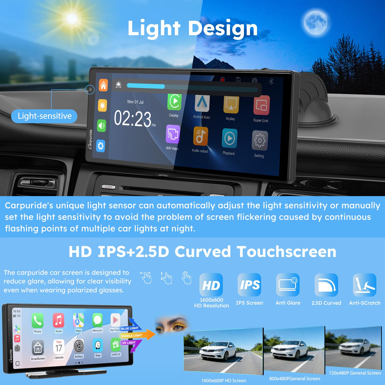 CARPURIDE W903S3 Pantalla HD de 9,3 Pulgadas con CarPlay y Android Auto, Frontal 4K + Trasera 1080p por Cable + cámara infrarroja, grabación en Bucle, GPS, FM, Bluetooth, Super Link