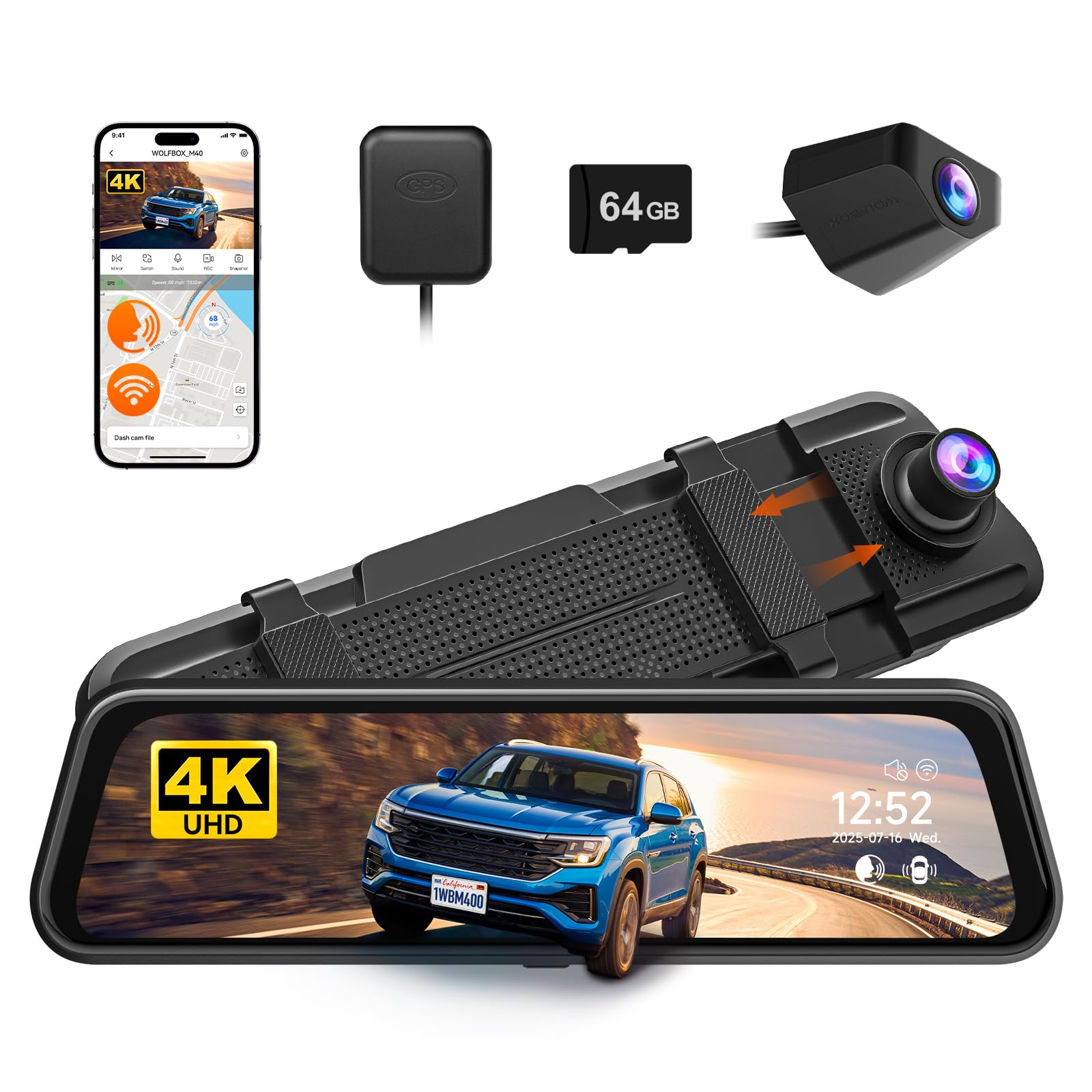 WOLFBOX M40 - Specchietto per fotocamera posteriore da 10", 4 K + 1080P, per dashcam anteriore e posteriore, con fotocamera ADAS/BSD, controllo vocale, Wi-Fi integrato, scheda da 64 GB e GPS