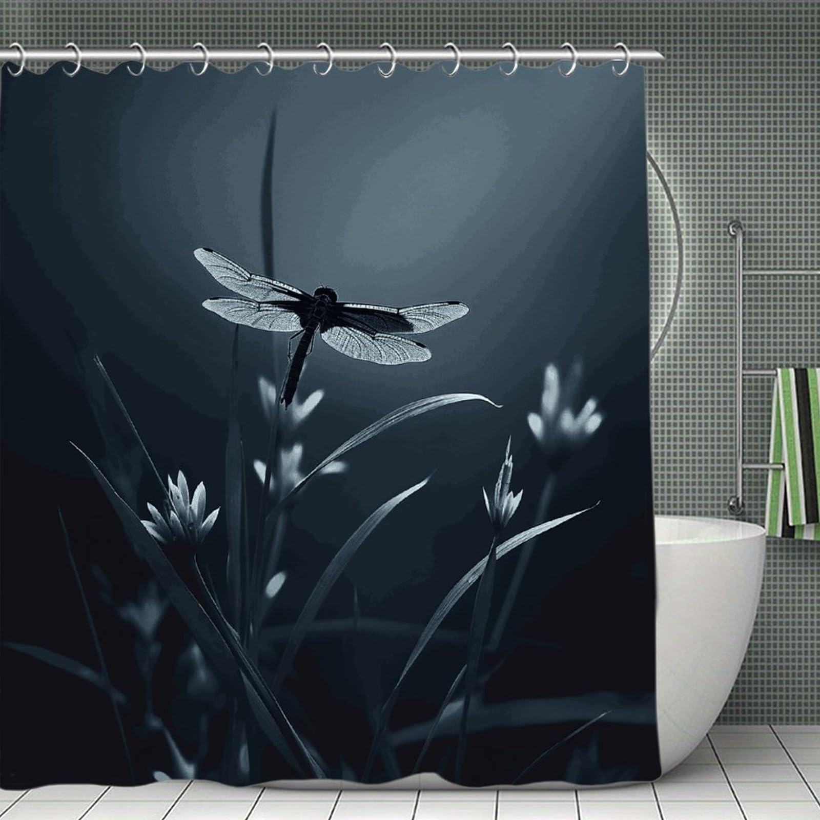 JTREHY Dragonfly Silhouette Shower Curtain Waterproof Bathroom Shower Curtain Machine Washable Bath Curtains Polyester Cloth Bath Curtains for Bathroom Showers 70.8×70.8Inch