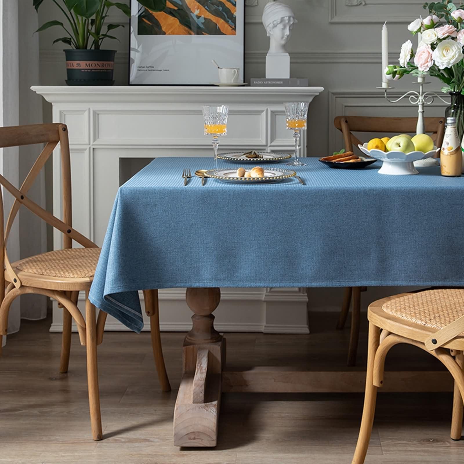 Manteles para Mesa Rectangular 135 W x 300 L CM,Manteles Mesa Salón Azul Color Sólido Poliéster Algodón Mantel para Mesa de Salón
