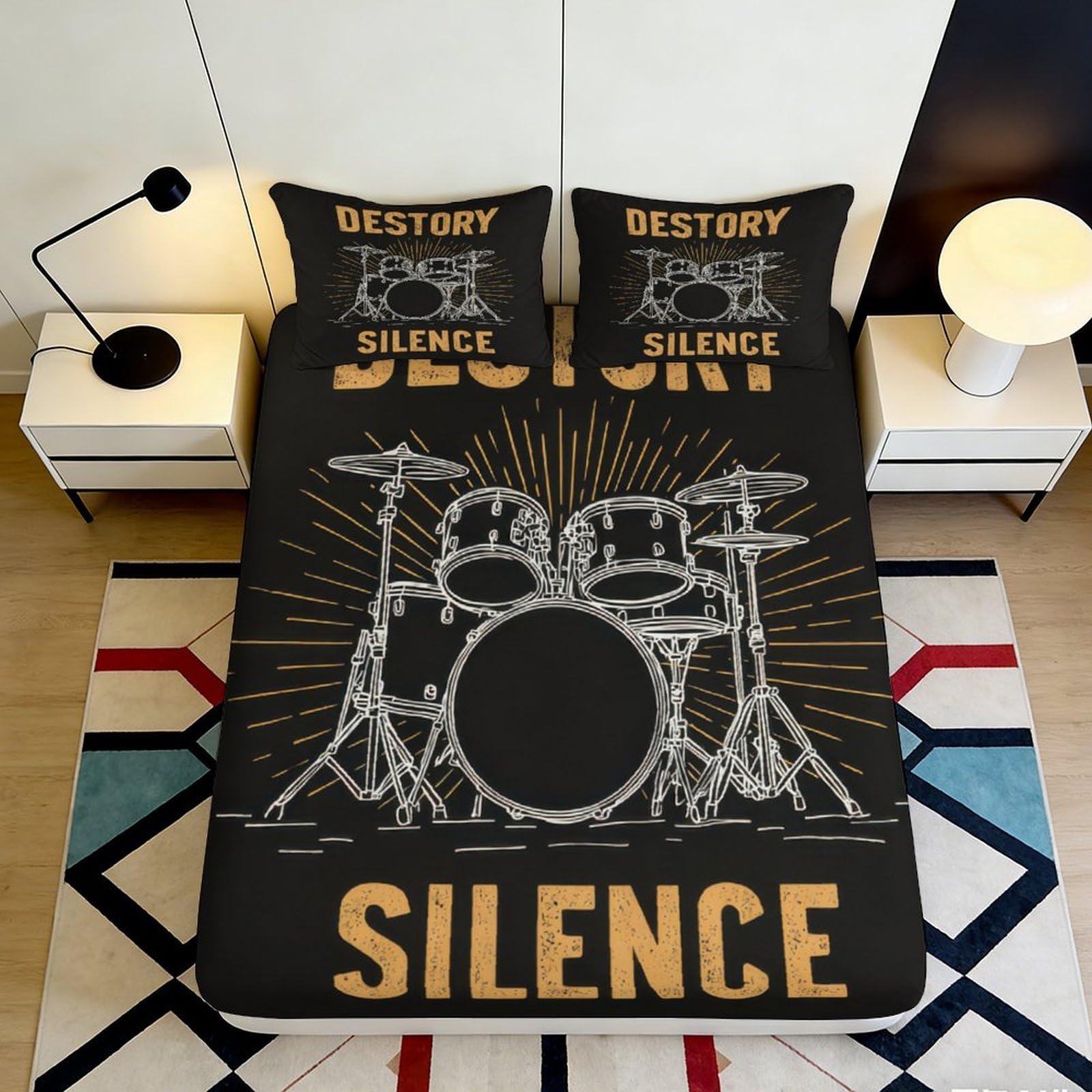 3D Printed Drum Kit Silence Fitted Sheet Microfiber Black Music Pattern Bed Cover for Bedroom Dorm Easy Care 90x200x25cm