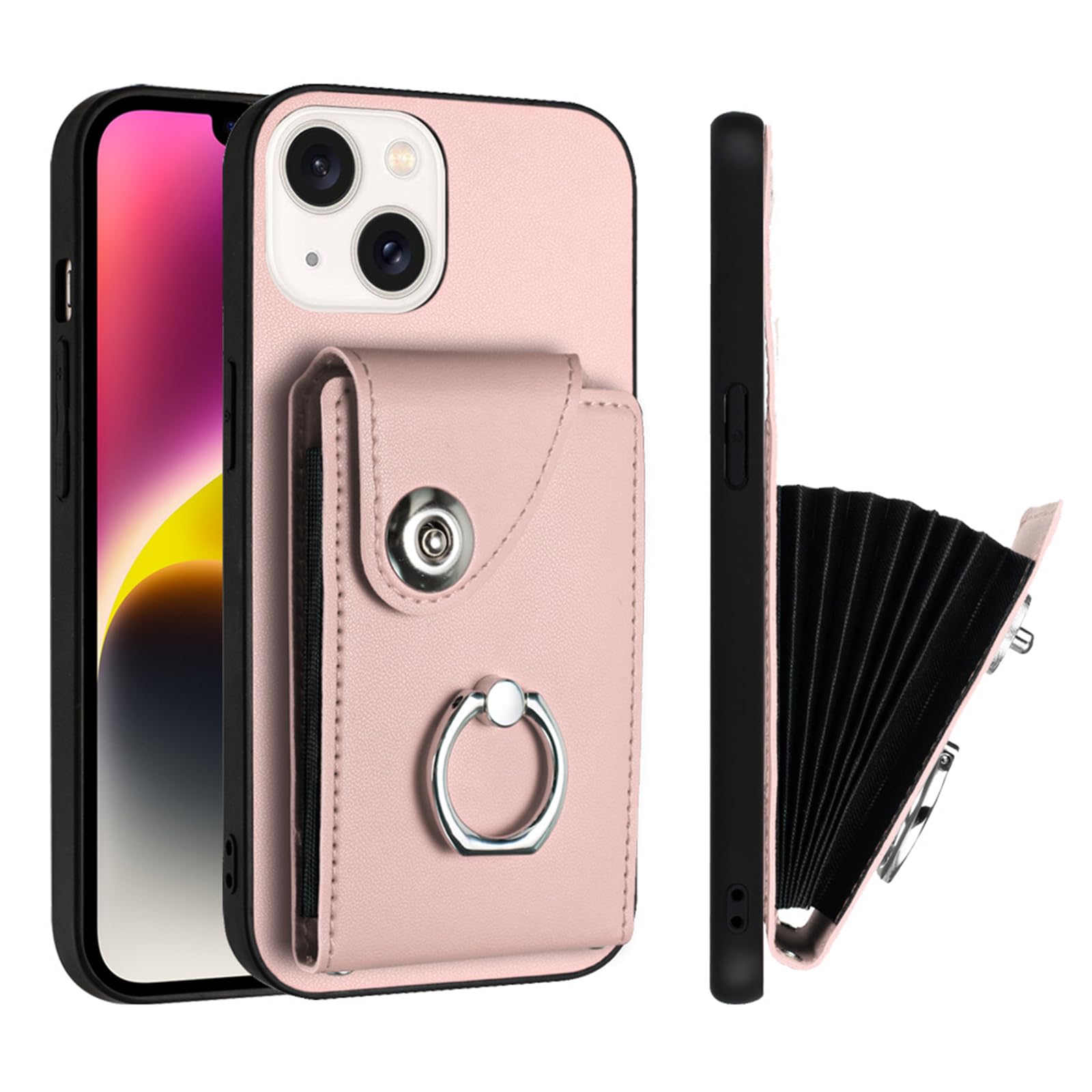 for Apple iPhone 15 Plus Wallet Case with Card Slots. Pink YBK