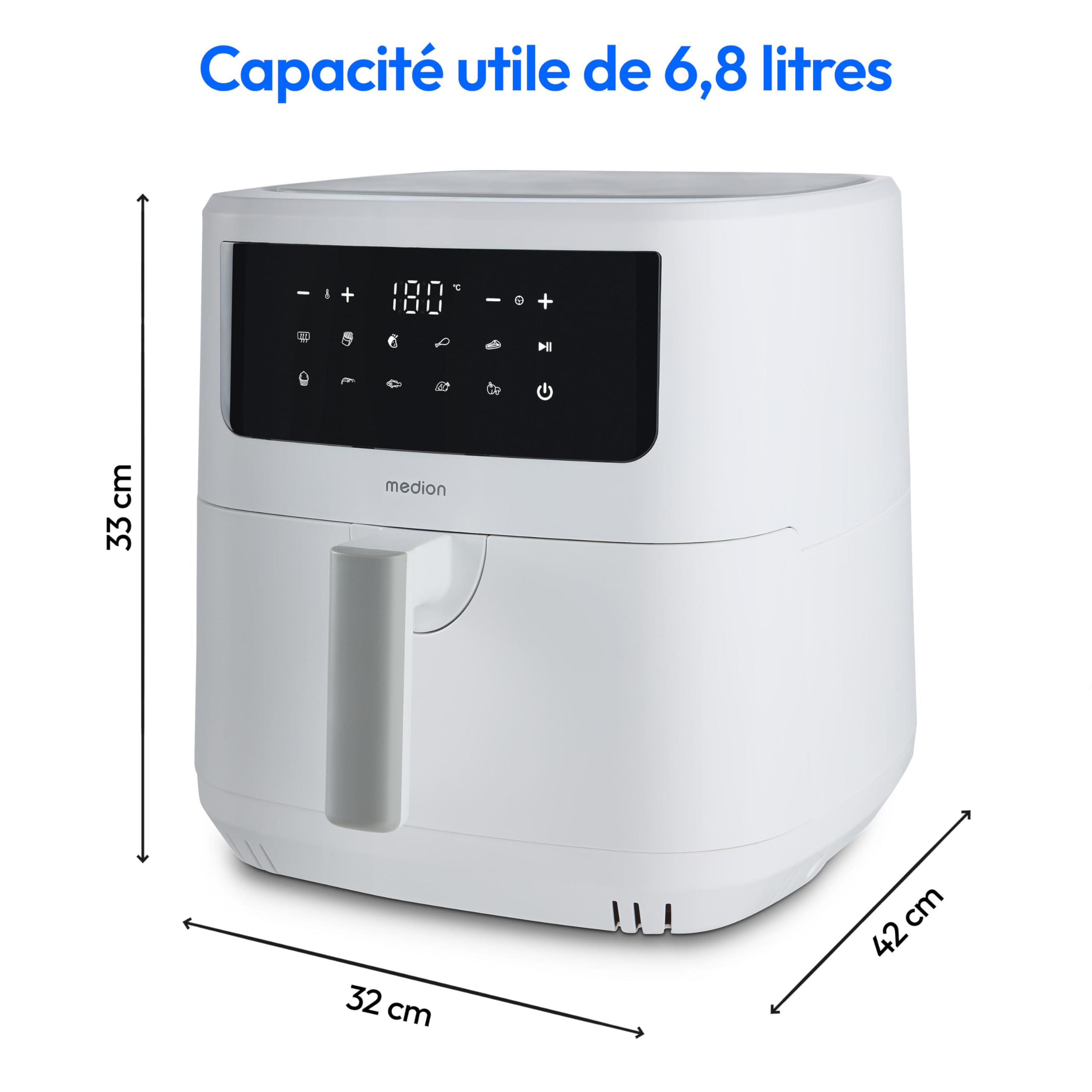 MEDION P10 XL Friteuse à air chaud (6,8 L XXL, Airfryer, 2.150 W, double résistance inox, alarme de secouage, 9 programmes, écran LED tactile) mat