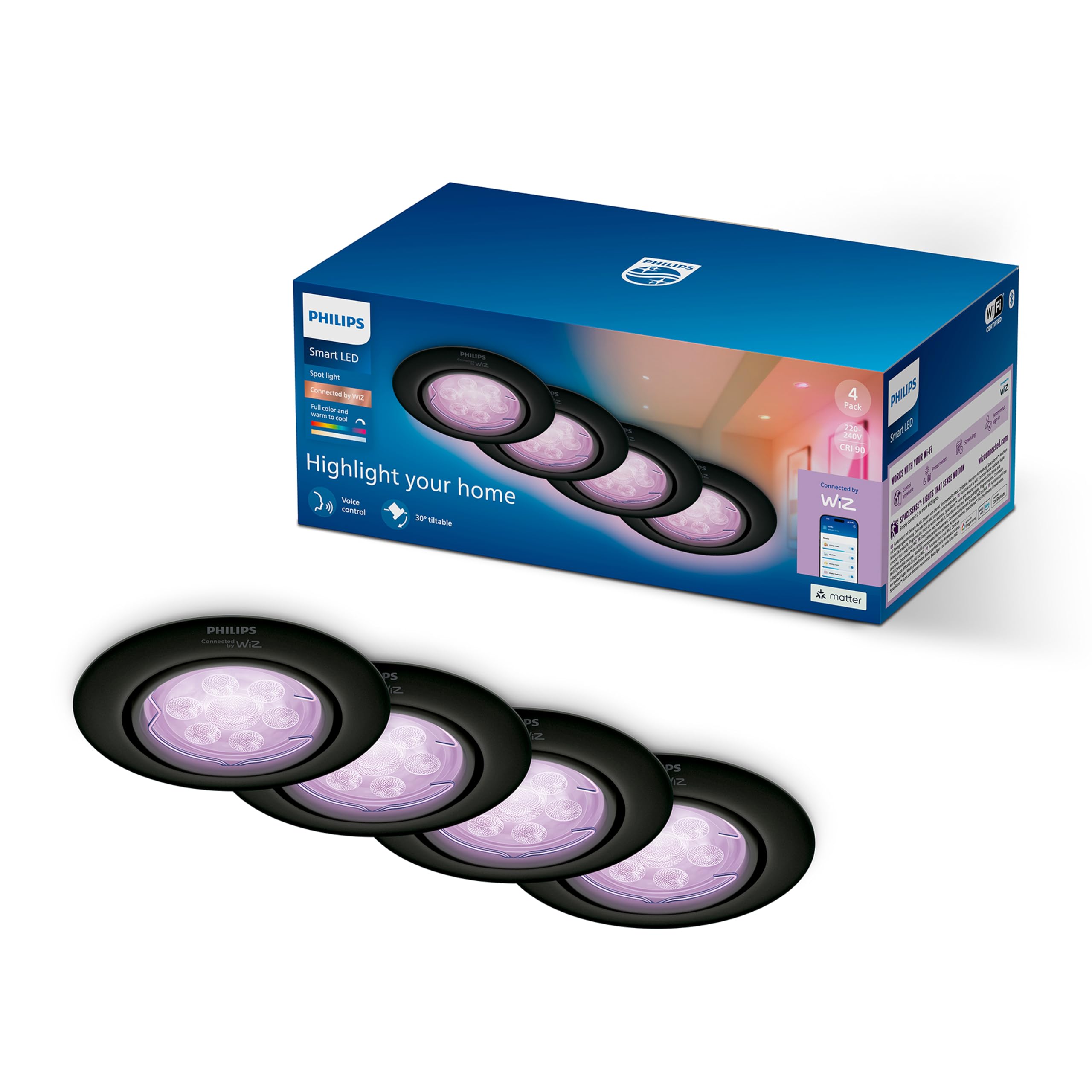 Philips Smart Lighting Kit Bombillas GU10, Pack de 4, Luz Blanca Ajustable y de Color, Solución Total, Cabezal Inclinable, Control por App y Voz, Negro