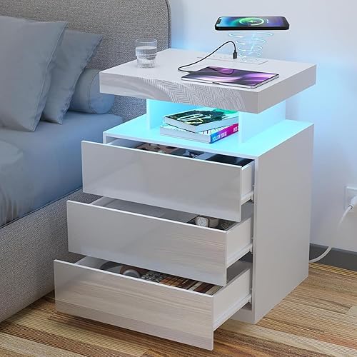 Miniatura 13 de HOMMPA - Mesita de noche LED con estación de carga inalámbrica y puertos USB, mesa de noche moderna, mesita de noche de 3 cajones con compartimento