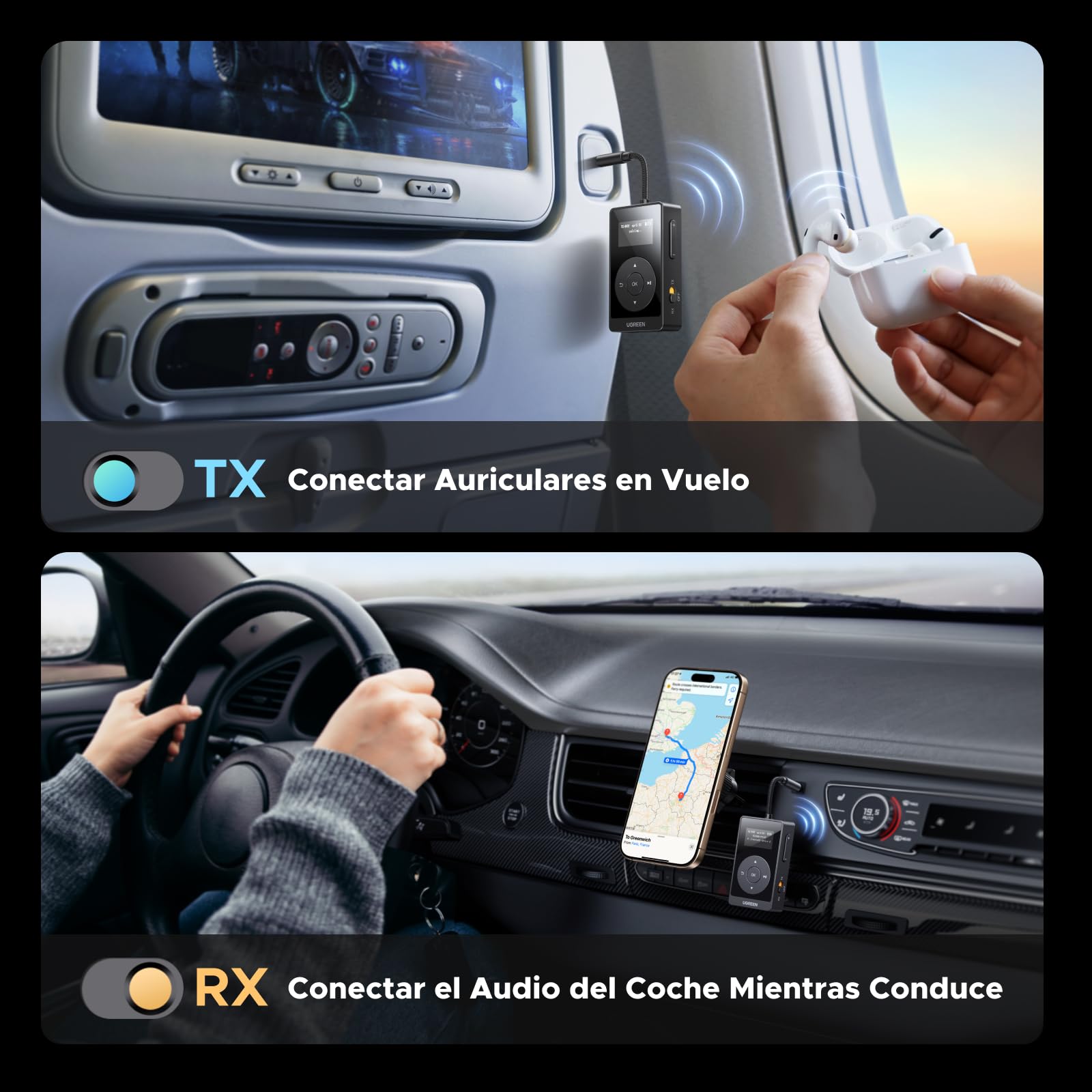 UGREEN Receptor Transmisor Bluetooth 5.3 aptX HQ Adaptador Bluetooth 2 en 1 Jack 3,5mm Audio para Coche Altavoz Auriculares Amplificador TV