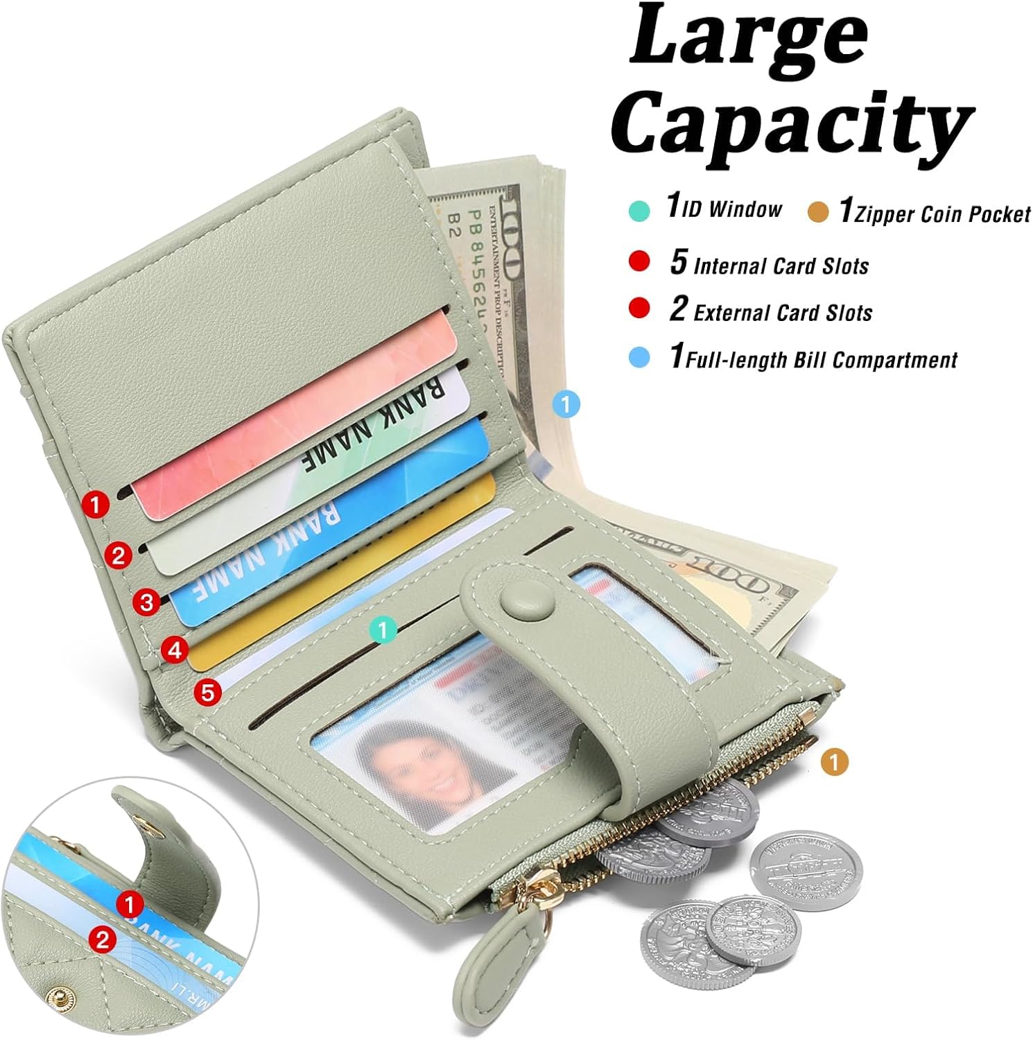 GAEKEAO Small Wallet for Women Slim Bifold Leather RFID Blocking Credit Card Holder Wallets Zipper Pocket Coin Purse with ID Window - Image 6