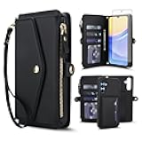 Phone Case for Samsung Galaxy A56 5G Wallet Cover Compatible with Magsafe RFID Screen Protector Crossbody Lanyard Strap Flip Card Holder Slot Zipper Cell Purse A 56 56A LTE Women Black