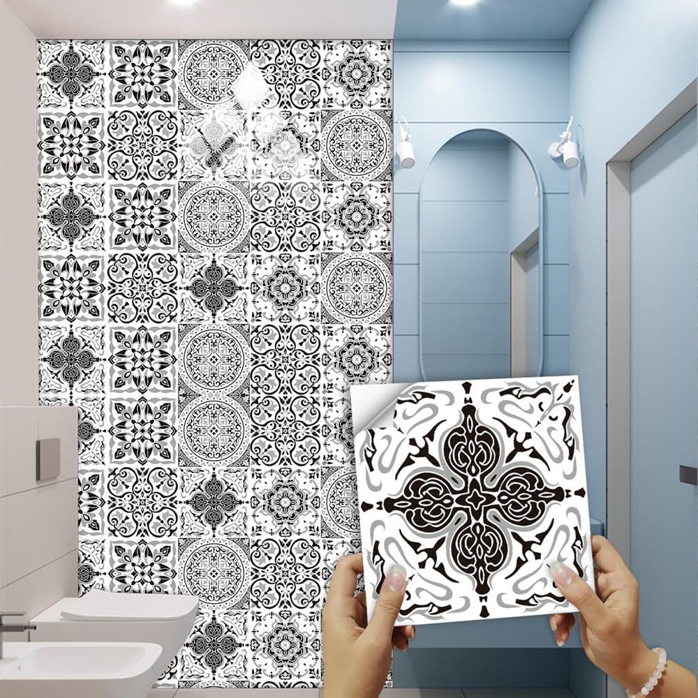 Adesivi Per Piastrelle Alwayspon 12 Pezzi 15 Cm: Motivo Fiori Nero, Autoadesivi Per Bagno E Cucina, Facili Da Rimuovere