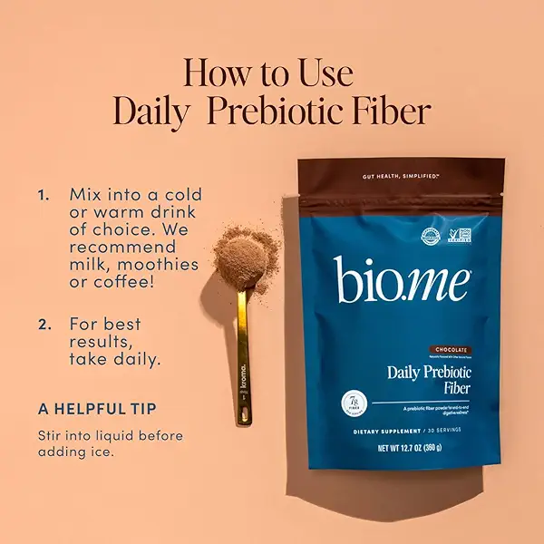 Bio.me Daily Prebiotic Fiber Powder Chocolate - 7g Per Serving - Soluble & Insoluble Fiber Supplement Powder for Women & Men - Digestive Health & Gut Health - GLP-1 Friendly, Sugar Free - 30 Servings 8