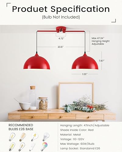 Miniatura 5 de Luces colgantes para isla de cocina, 2 luces, lámpara colgante de cúpula roja, moderna lámpara de comedor, iluminación de isla de cocina, luces