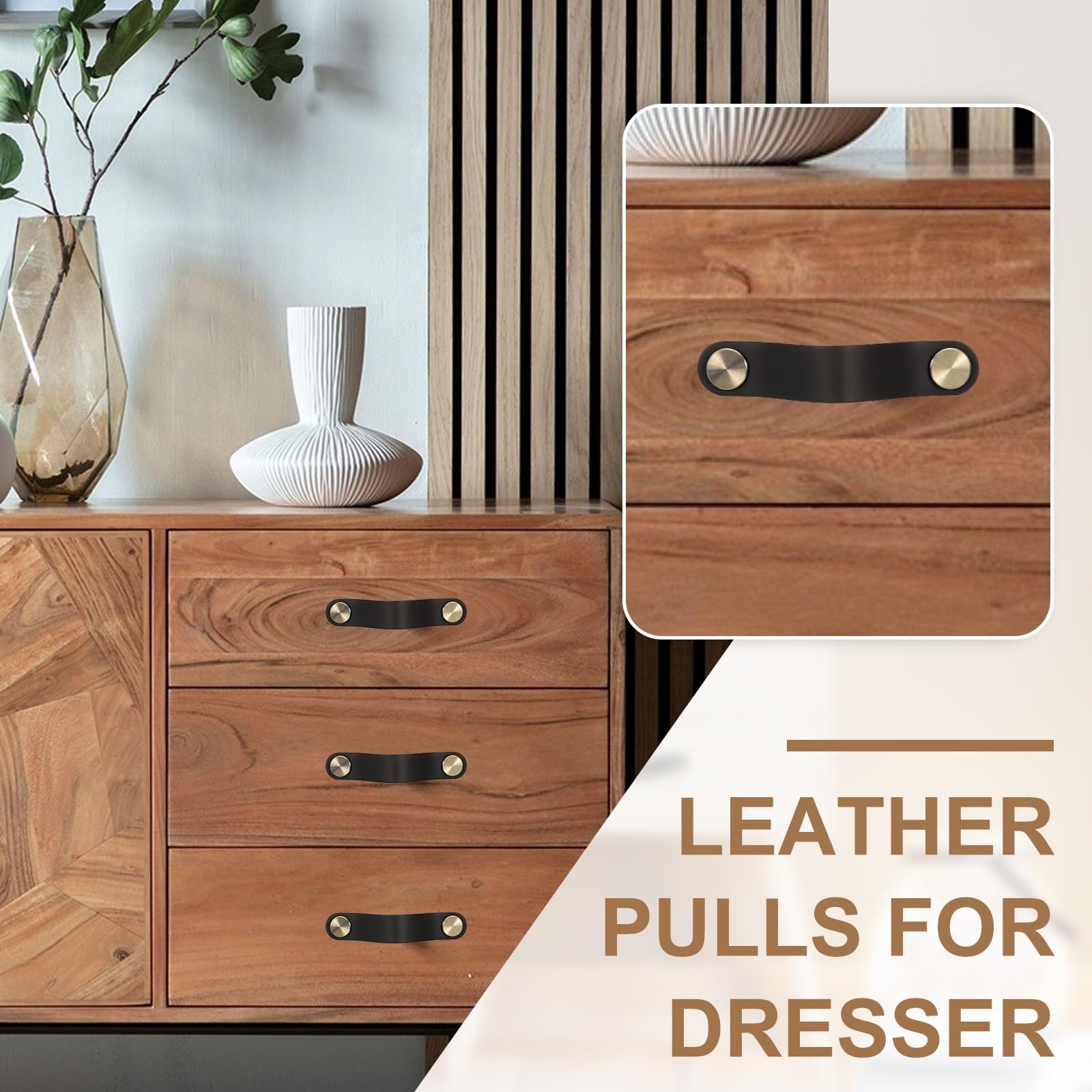 PATIKIL Leather Drawer Pulls, 4 Pack Leather Handle 5 Inch Hole Center Cabinet  Dresser Knobs with Screws for Dresser Cupboard Closet Doors, Black